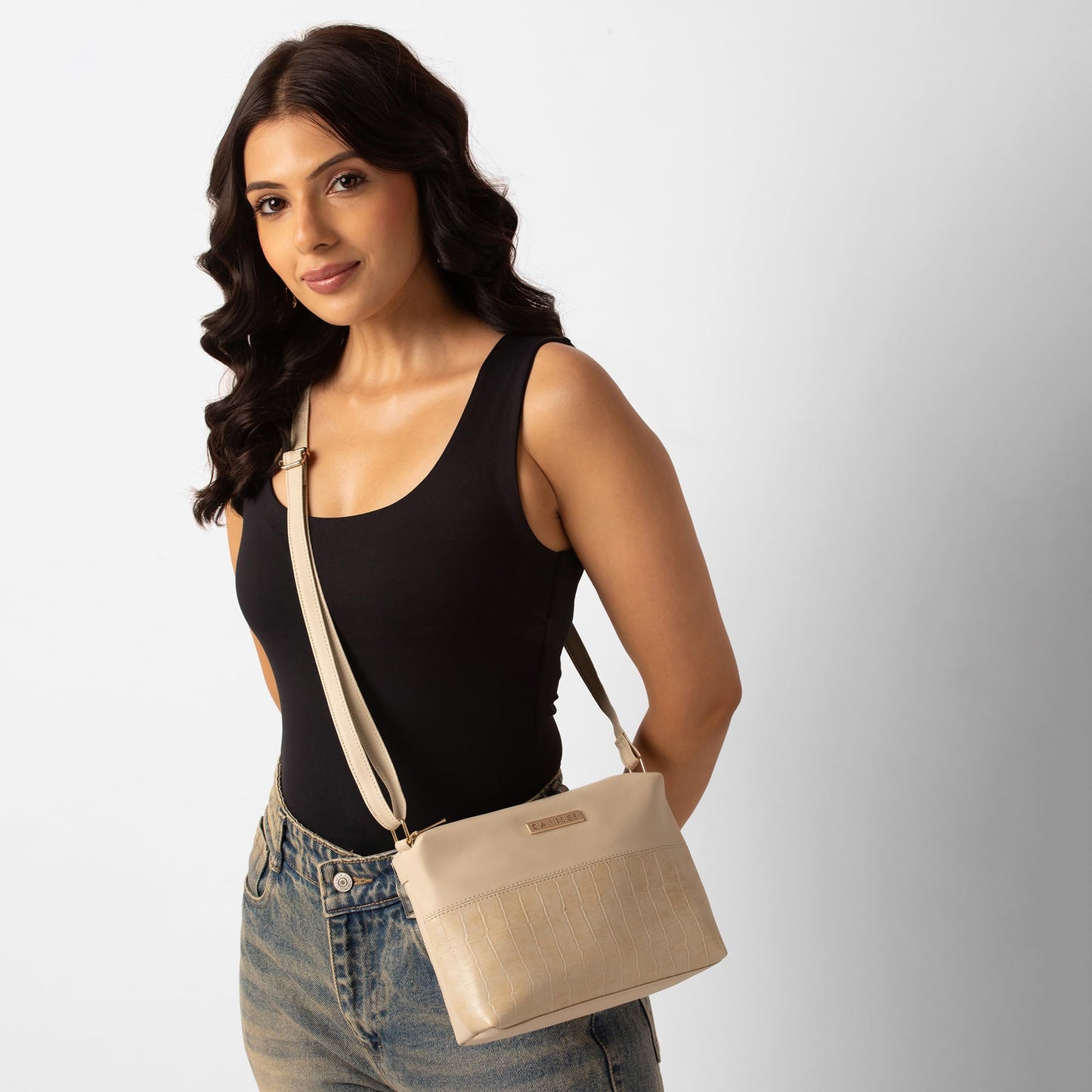 Caprese N Westwood Small Solid Crossbody Bag for Women, Stylish Sling Bag with Adjustable Strap, Trendy Spacious Crossbody Sling Bag for Girls (Beige)