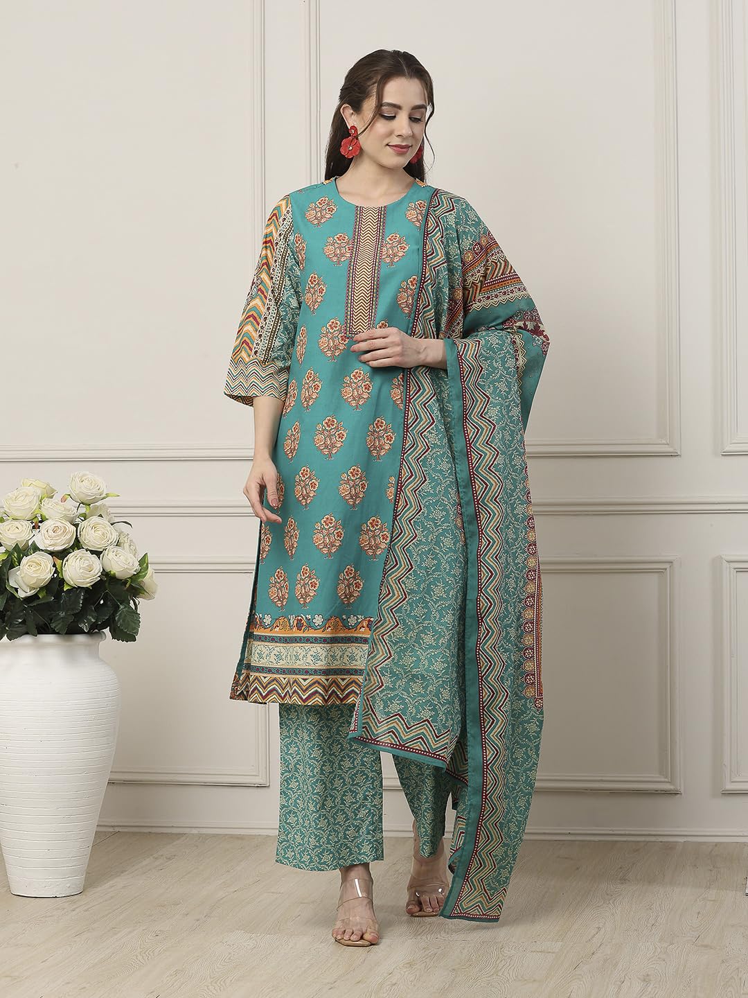 Biba Women Green Cotton Straight Suit Set_34