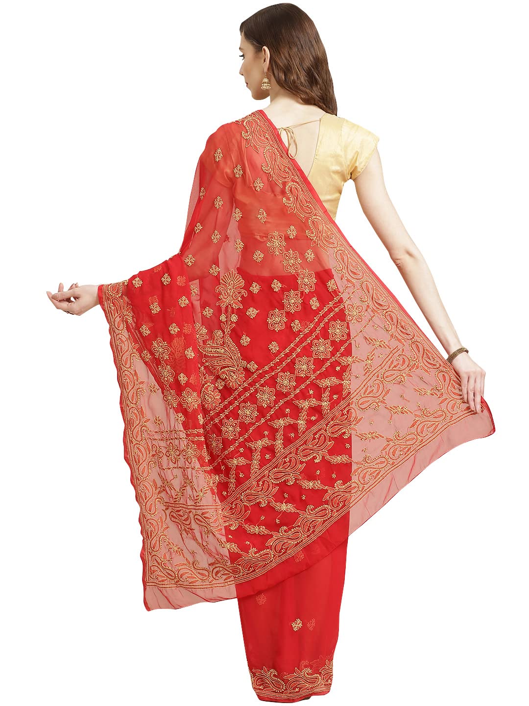 Ada Hand Embroidered Women's Faux Georgette Lucknow Chikankari Saree with Unstitched Blouse Piece A311193 Red