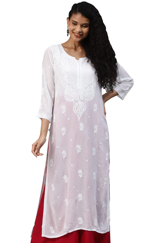 Ada Hand Embroidered White Lucknowi Chikankari Viscose Georgette Kurta Kurti for Women A411223 White (XS)