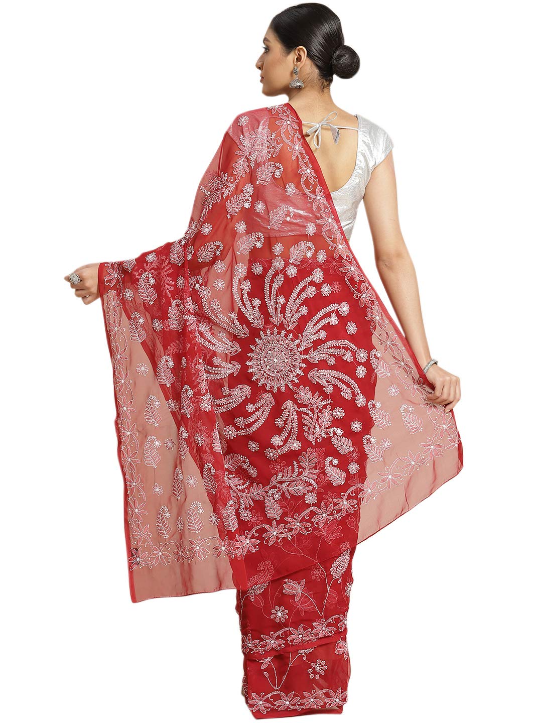 Ada Hand Embroidered Lucknowi Chikankari Work Women's Georgette Saree with Blouse Piece A434381 Maroon