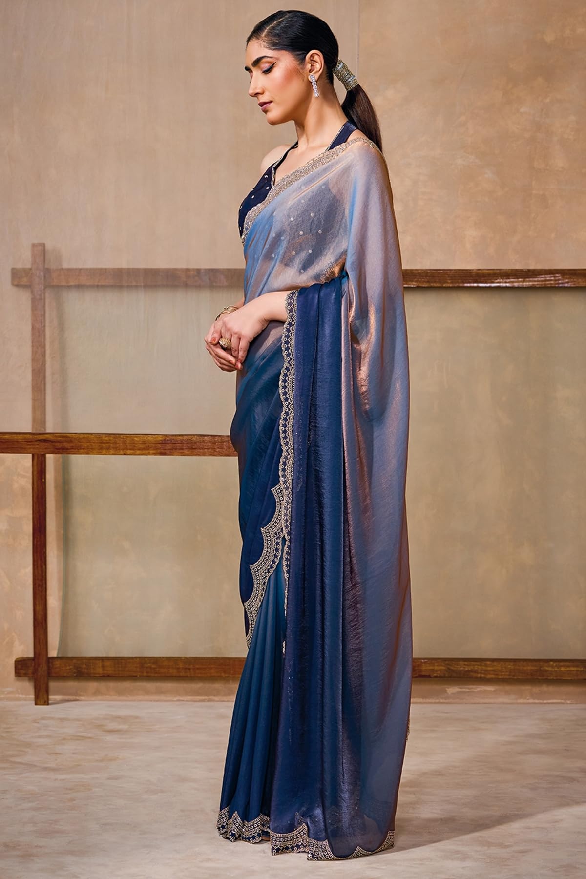 Soch Womens Navy Blue Fendy Satin Ombre Saree With Stone Work