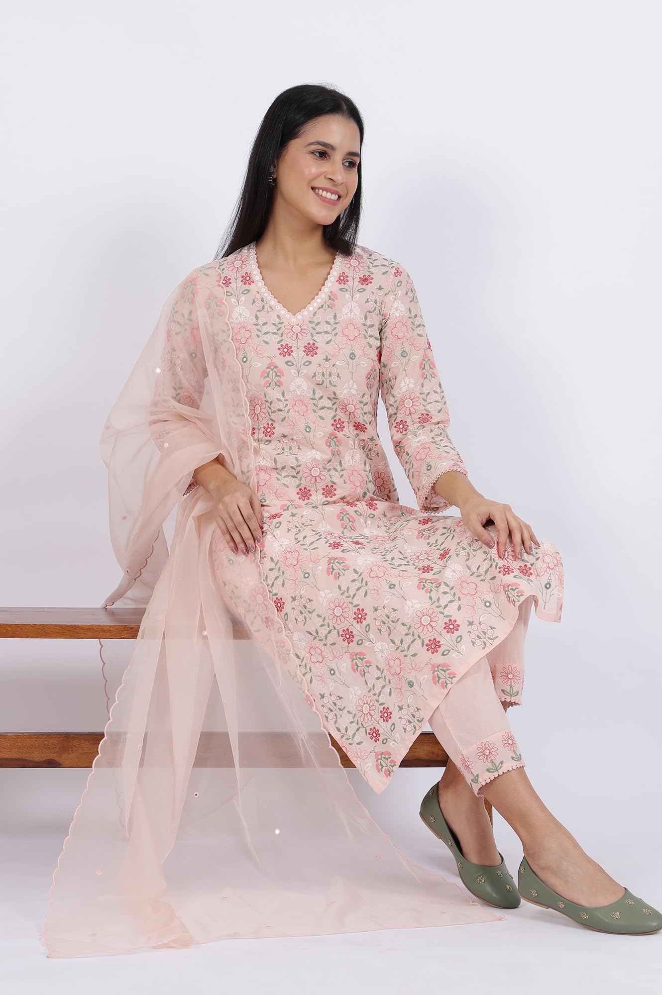 W for Woman Embroidered Lace Pure Cotton Straight Kurta & Straight pant with Dupatta Set (Size: M)-WS12421-400788