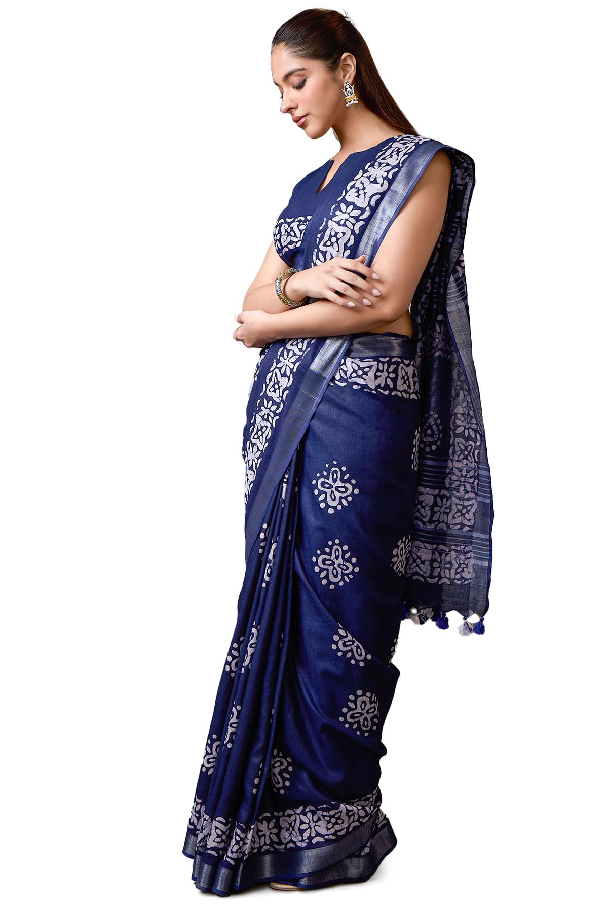 Soch Womens Navy Blue Linen Batik Print Saree With Tassels