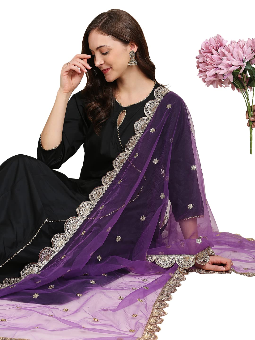 DUPATTA BAZAAR Women's Purple Embroidered Net Dupatta With Scallops, free size