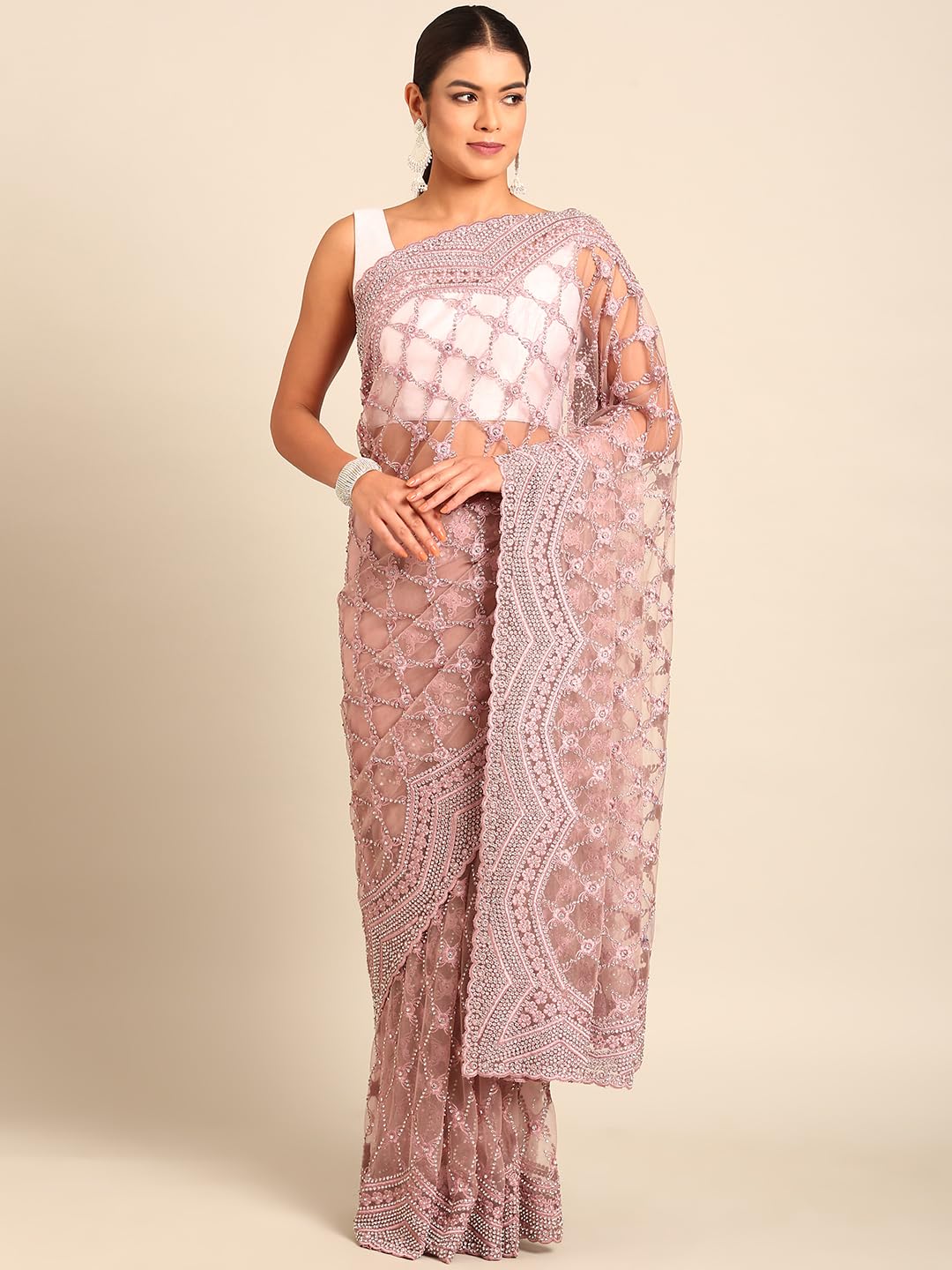 MOHEY Purple Net Embroidery|Stone Work Saree for Women