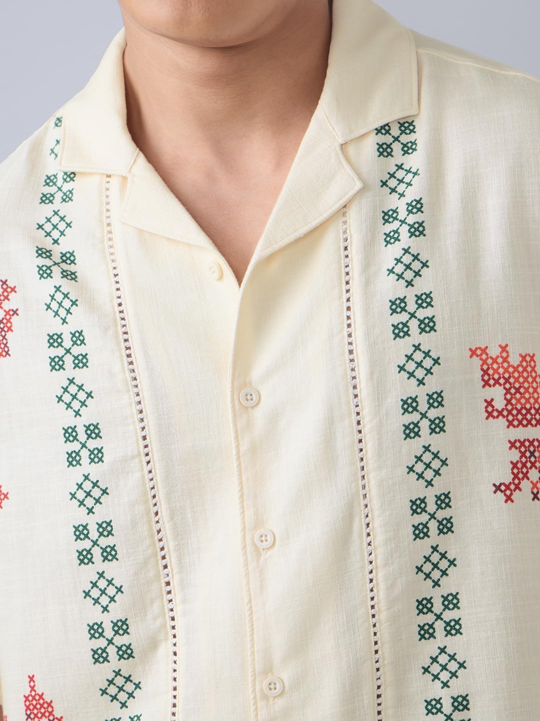 The Souled Store: Autumn Men and Boys Short Sleeve Cuban Collar Off White Printed Casual Drop Shoulder Streetwear Cotton Oversized Shirts