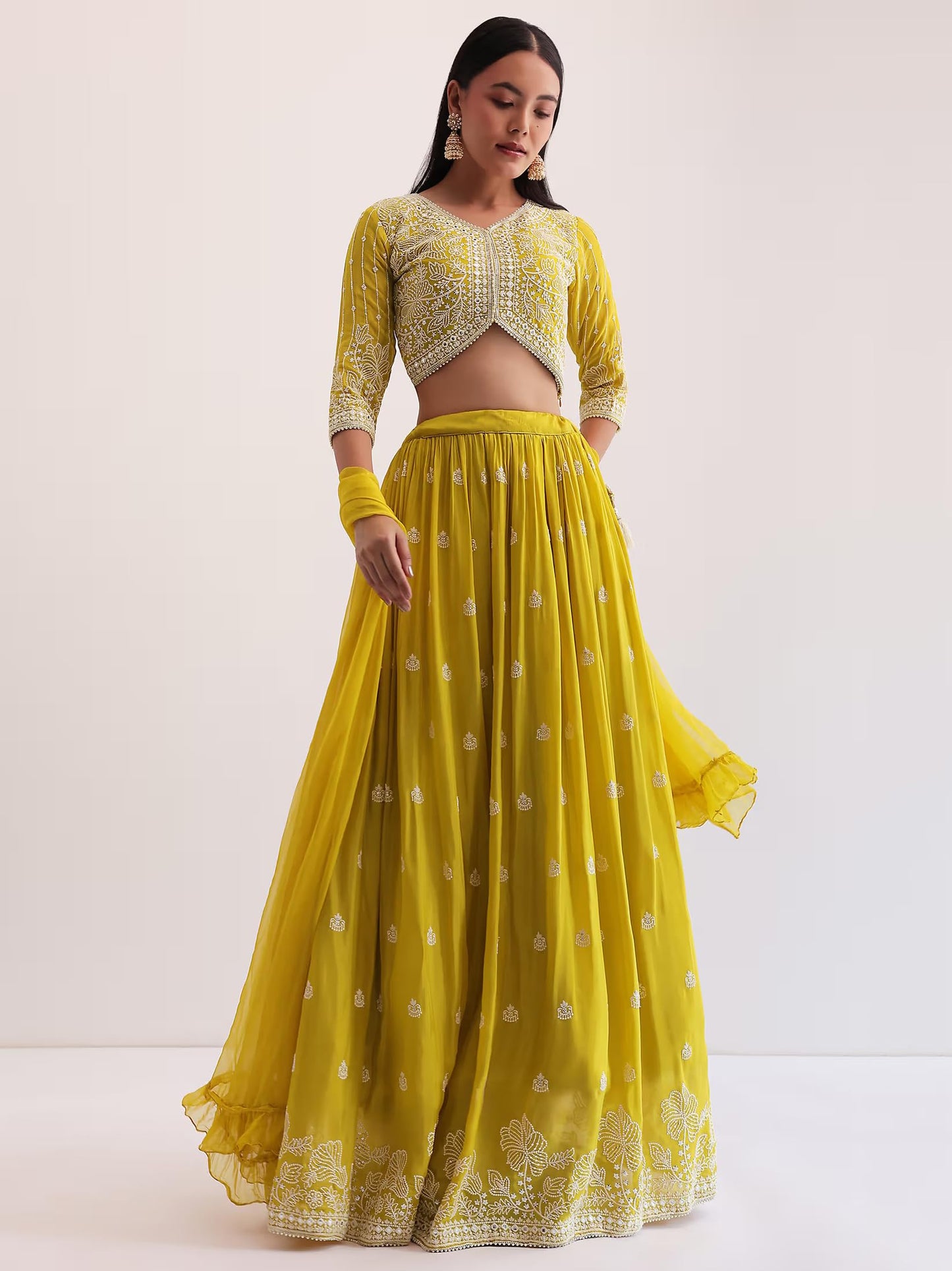Zeel Clothing Women's Sequins Thread Embroidered Georgette Designer Semi Stitched Lehenga Choli With Dupatta (5127-Yellow-Womens-Lehenga-Choli-Latest; Free Size) (Yellow)