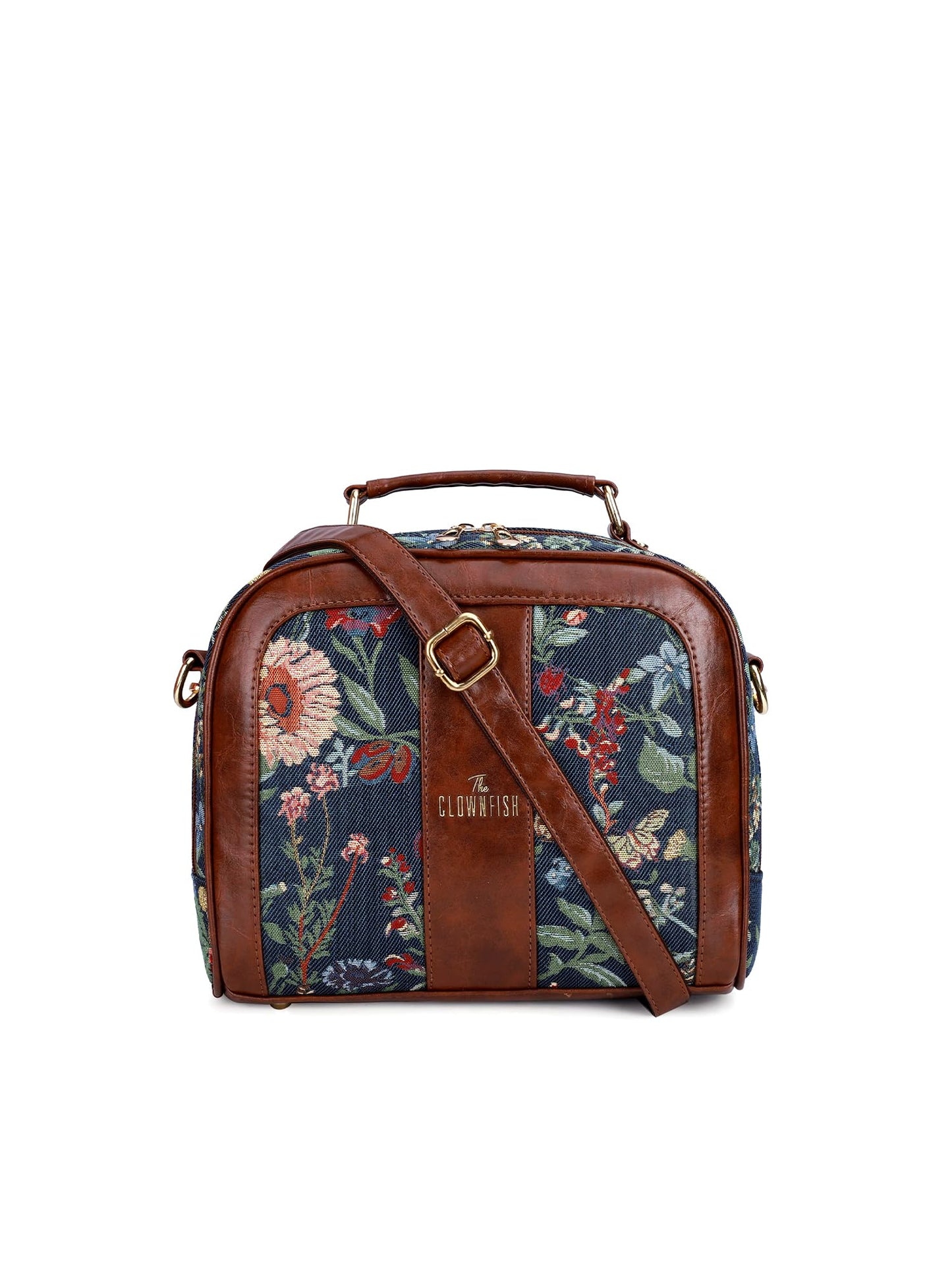 THE CLOWNFISH Elsie Series Tapestry Crossbody Sling Bag for Women Ladies Handbag Single Shoulder Bag with Shoulder Belt (NavyBlue- Floral)
