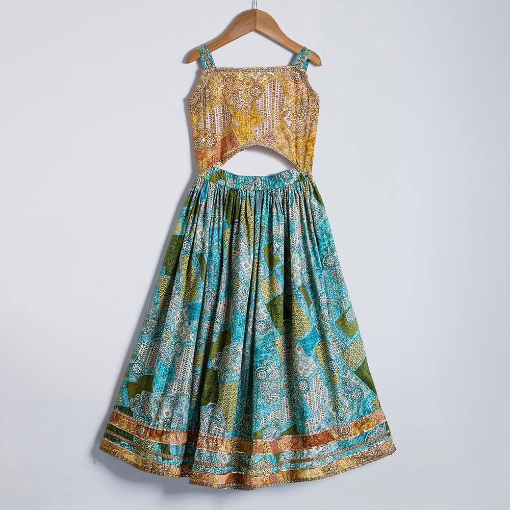 Hopscotch Girls Sleeveless Blue 2-Pc Lace Embellished Cotton Lehenga Choli Set For Ages (9-10 Years)