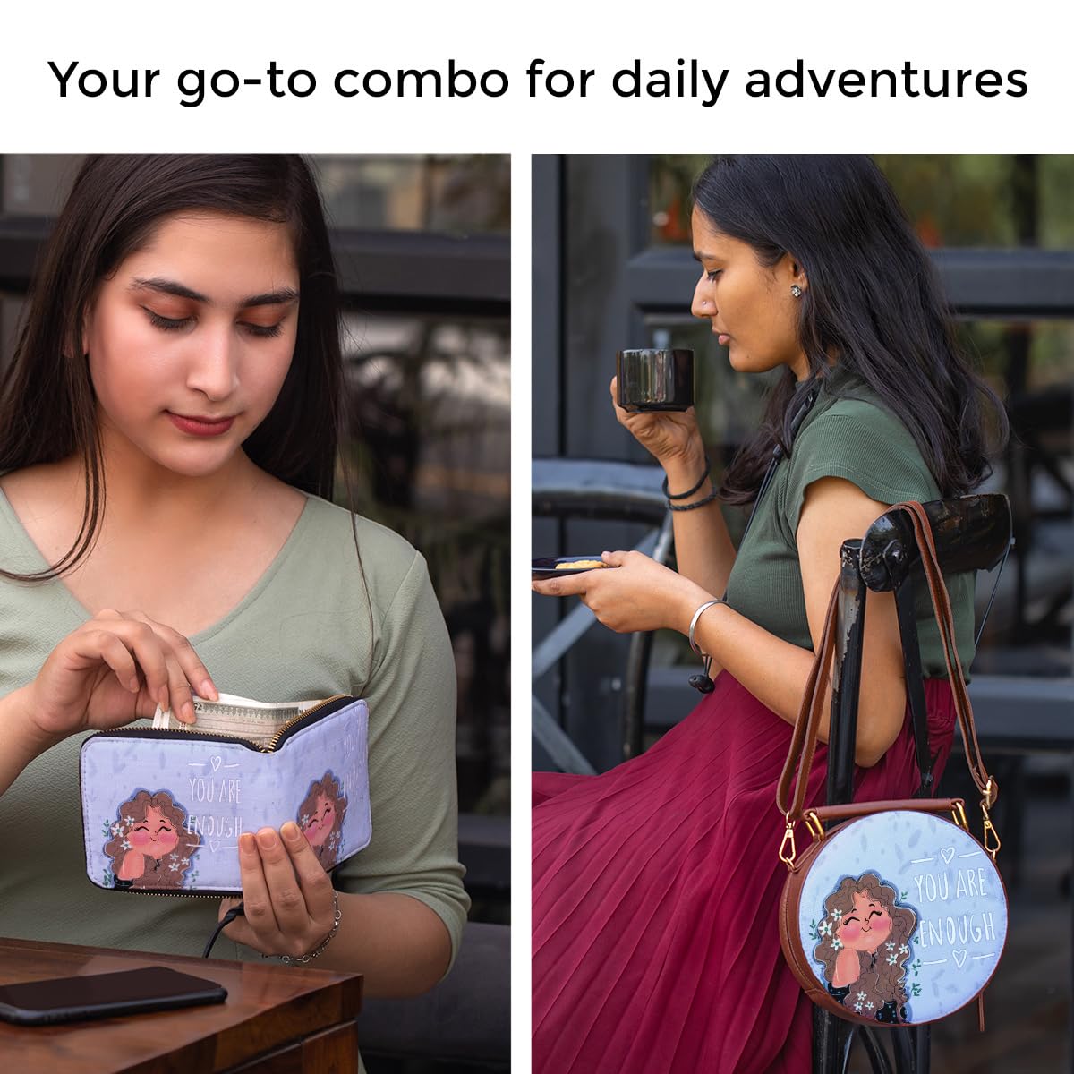 Kalankit Round Sling Bag and Wallet for Girls | Handmade Vegan Leather Gift Combo | Compact, Trendy, Lightweight | Rakhi Gift for Sister | You Are Enough!