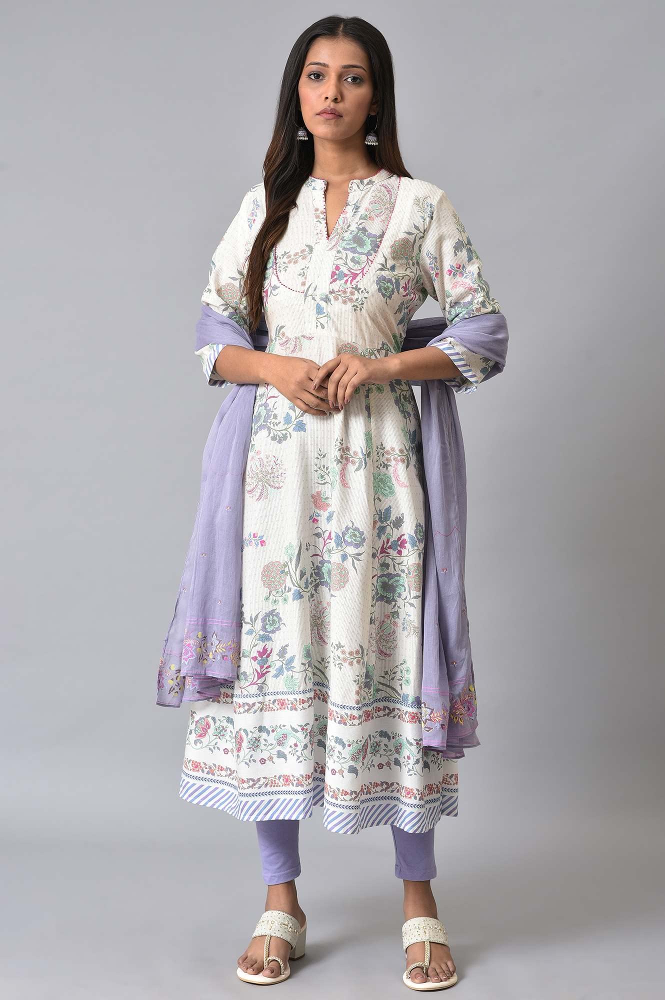 W for Woman Women Purple Cotton Floral Printed Dupatta, Free Size_WFS