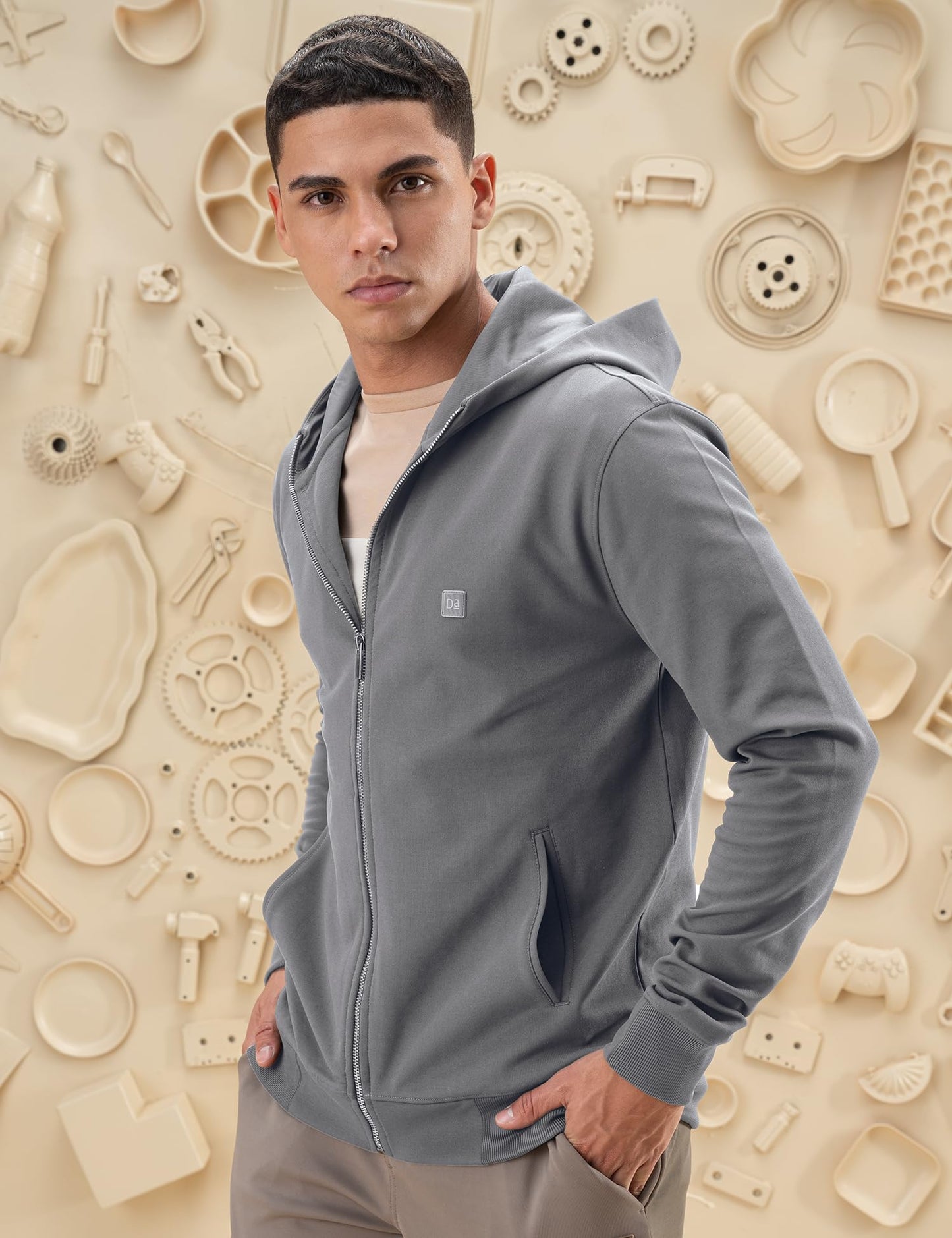 DAMENSCH Regular Fit Matt Solid Premium Microfibre Elastane Zipper Hoodie Dyes Soft Inner Fleece Fabric for Softer Feel, Comfortable Casual Wear Hoodie for Men - City Grey - L