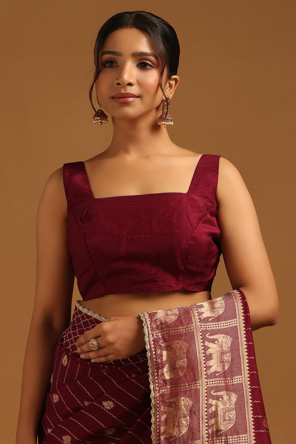 Soch Womens Wine Dola Silk Ethnic Motifs Zari Woven Saree