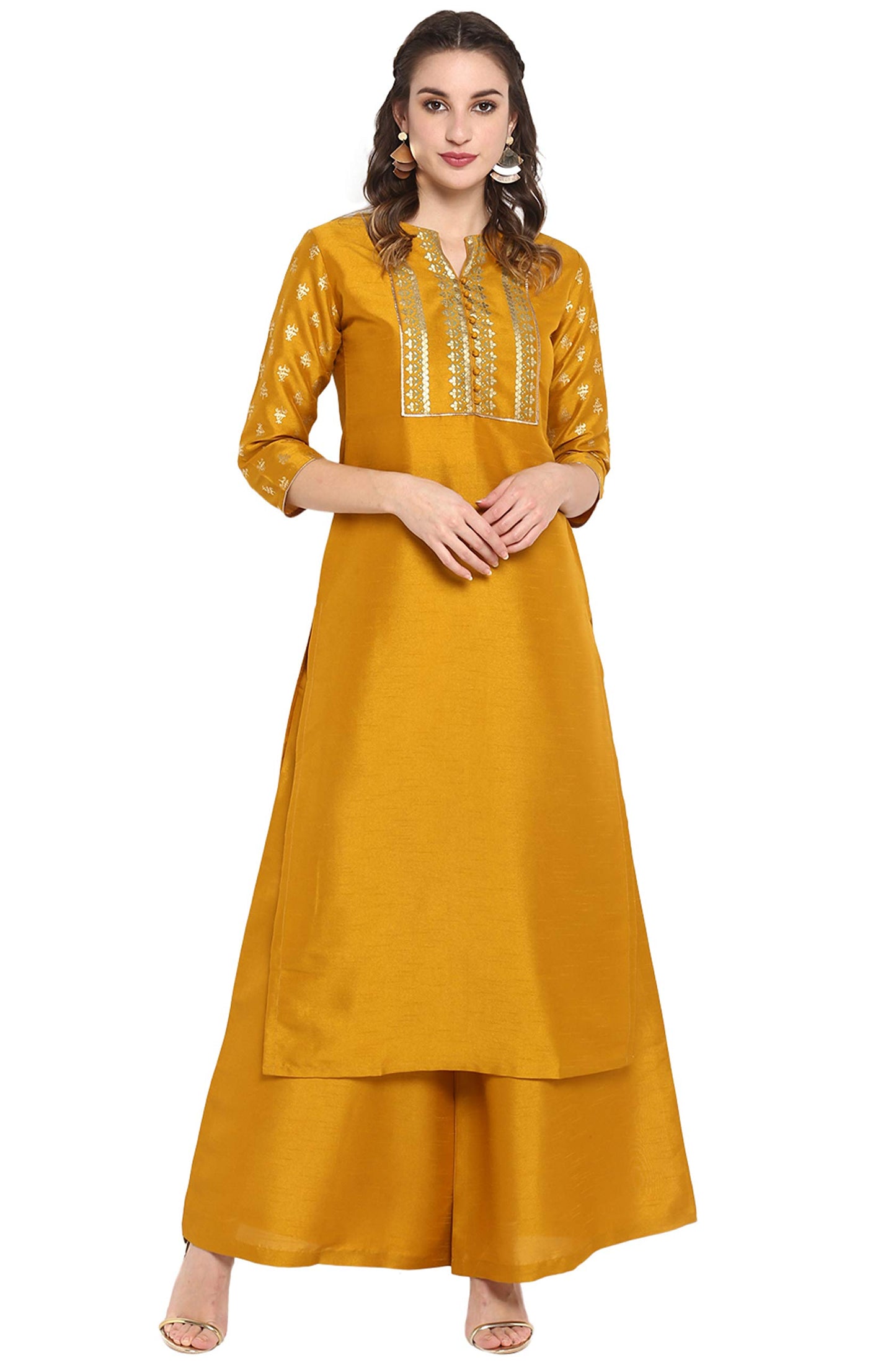 Janasya Women's Mustard Silk Blend Foil Printed Kurta with Palazzo(J0003-SET-XL)