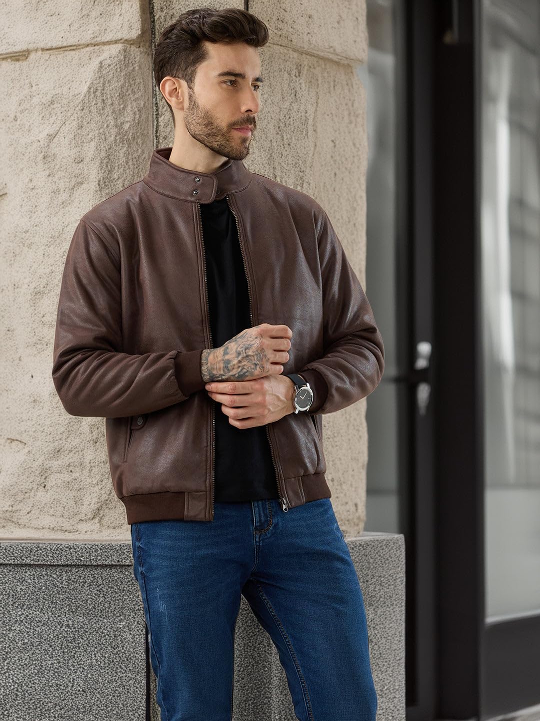 Status Quo Men's Solid Leather Textured Stand Collar Bomber Jacket | 100% Polyester | BROWN | M Size