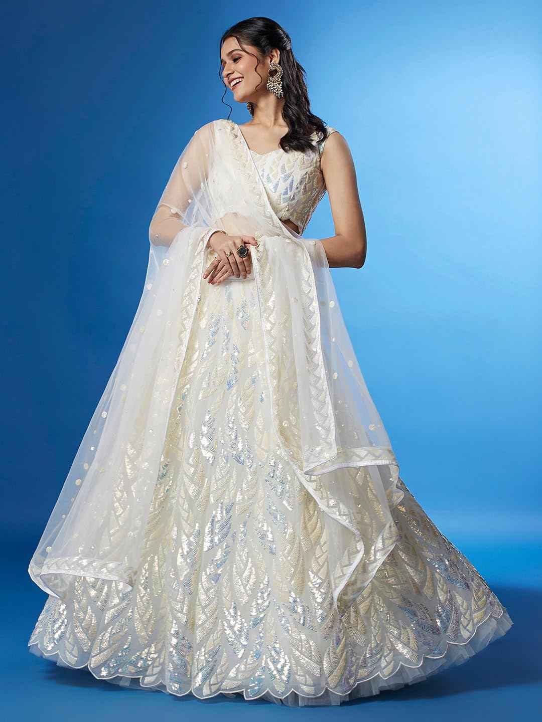 Zeel Clothing Women's Net Semi-Stitched Lehenga Choli White Wedding Bridal Free Size