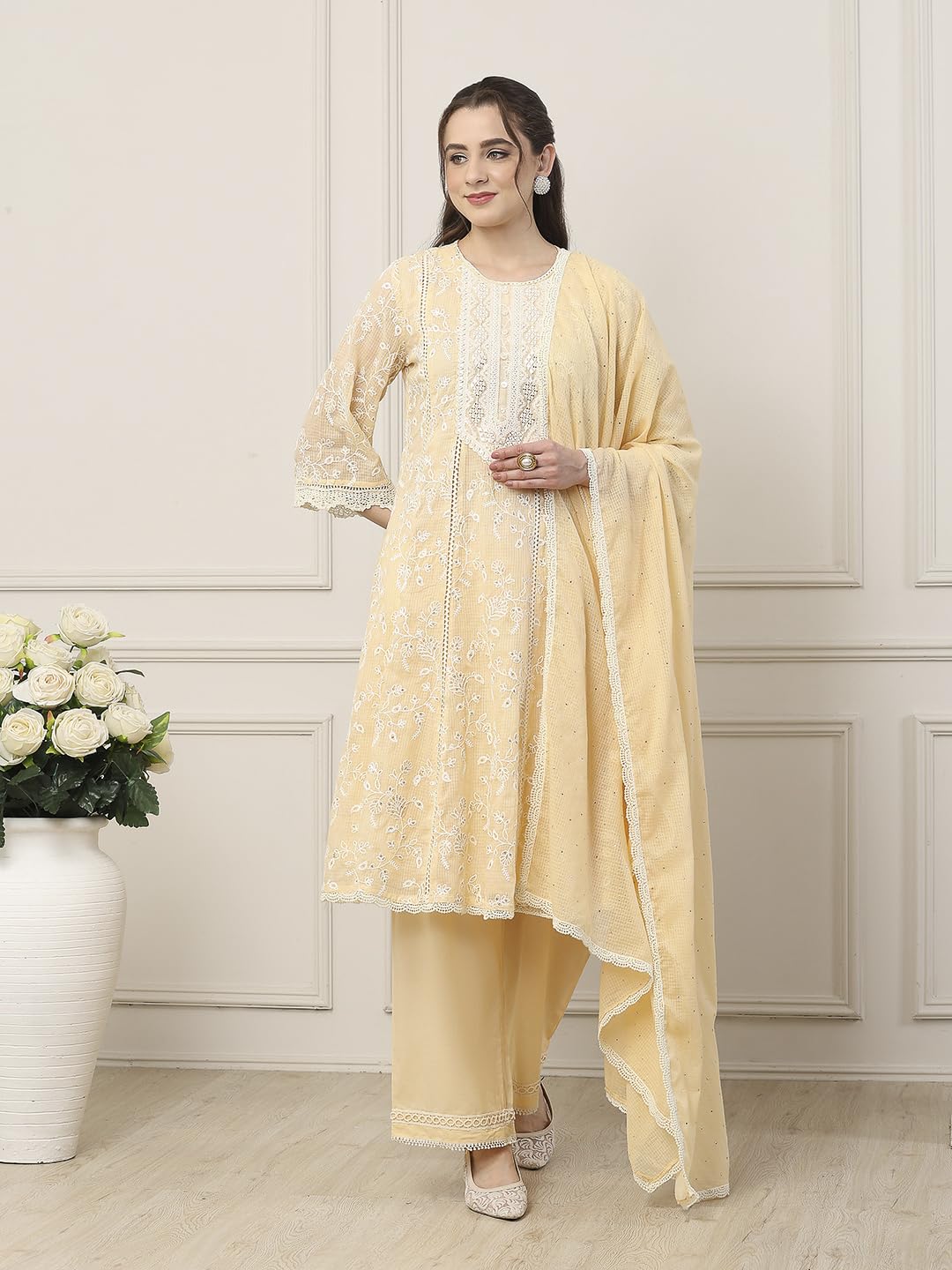 Biba Women Beige Cotton Kalidar Suit Set_36