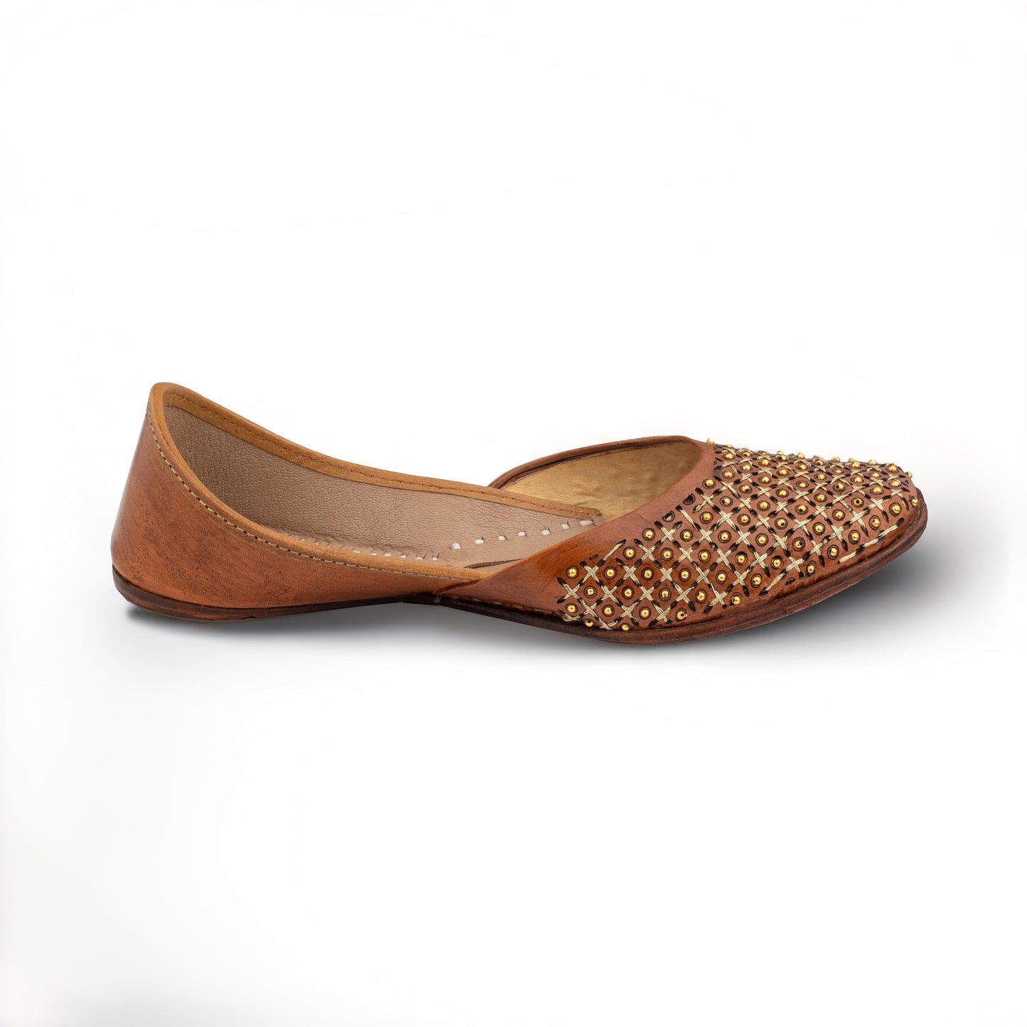 KORAKARI Women's Traditional Ethnic Amber Punjabi Jutti, Leather Flat Comfortable Mojaris for Girls (Size: UK3, Tan)