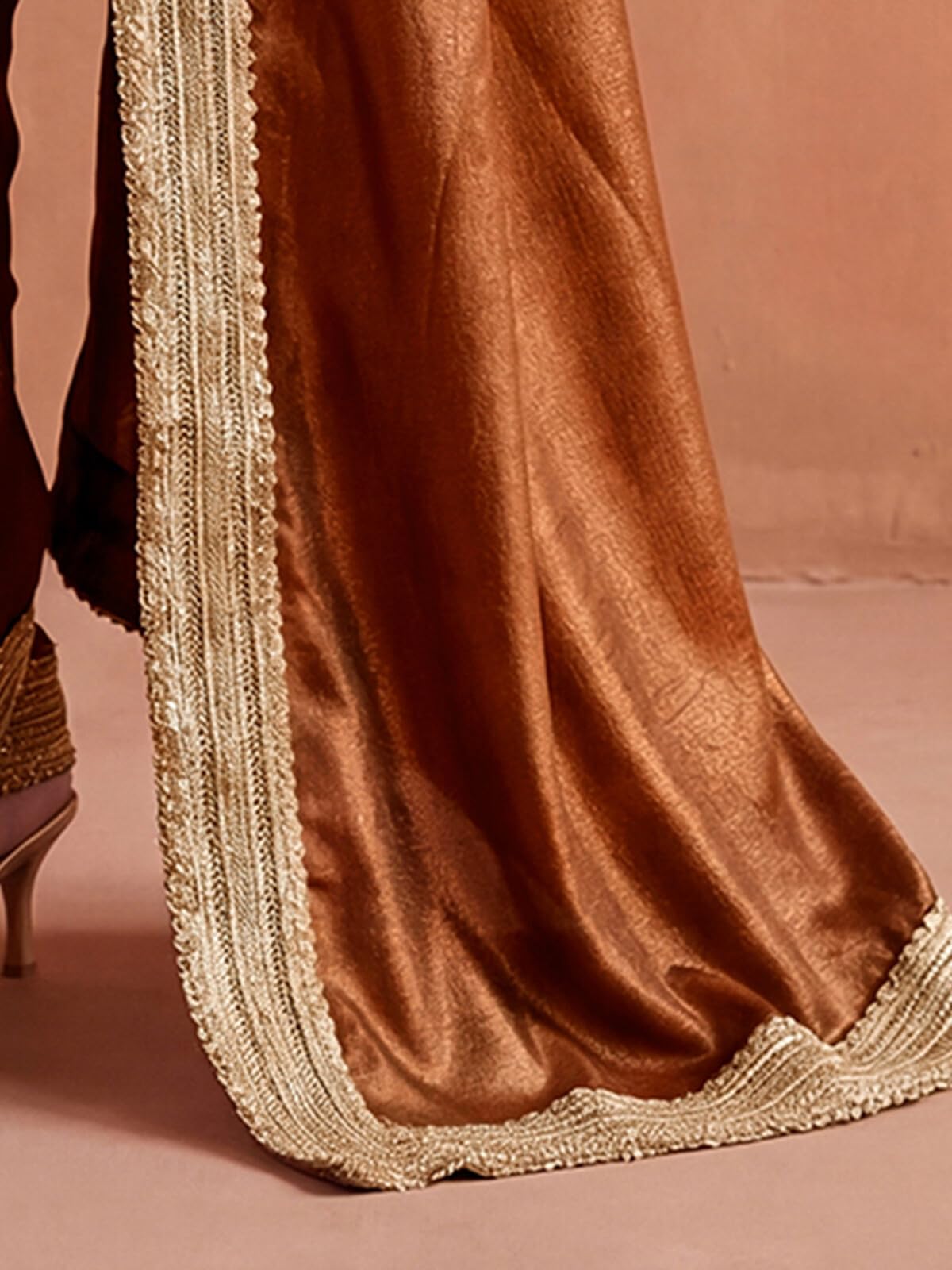 SIRIL Women's Chinnon Silk Gota Lace Saree with Unstitched Blouse Piece (5016S194A_Copper)