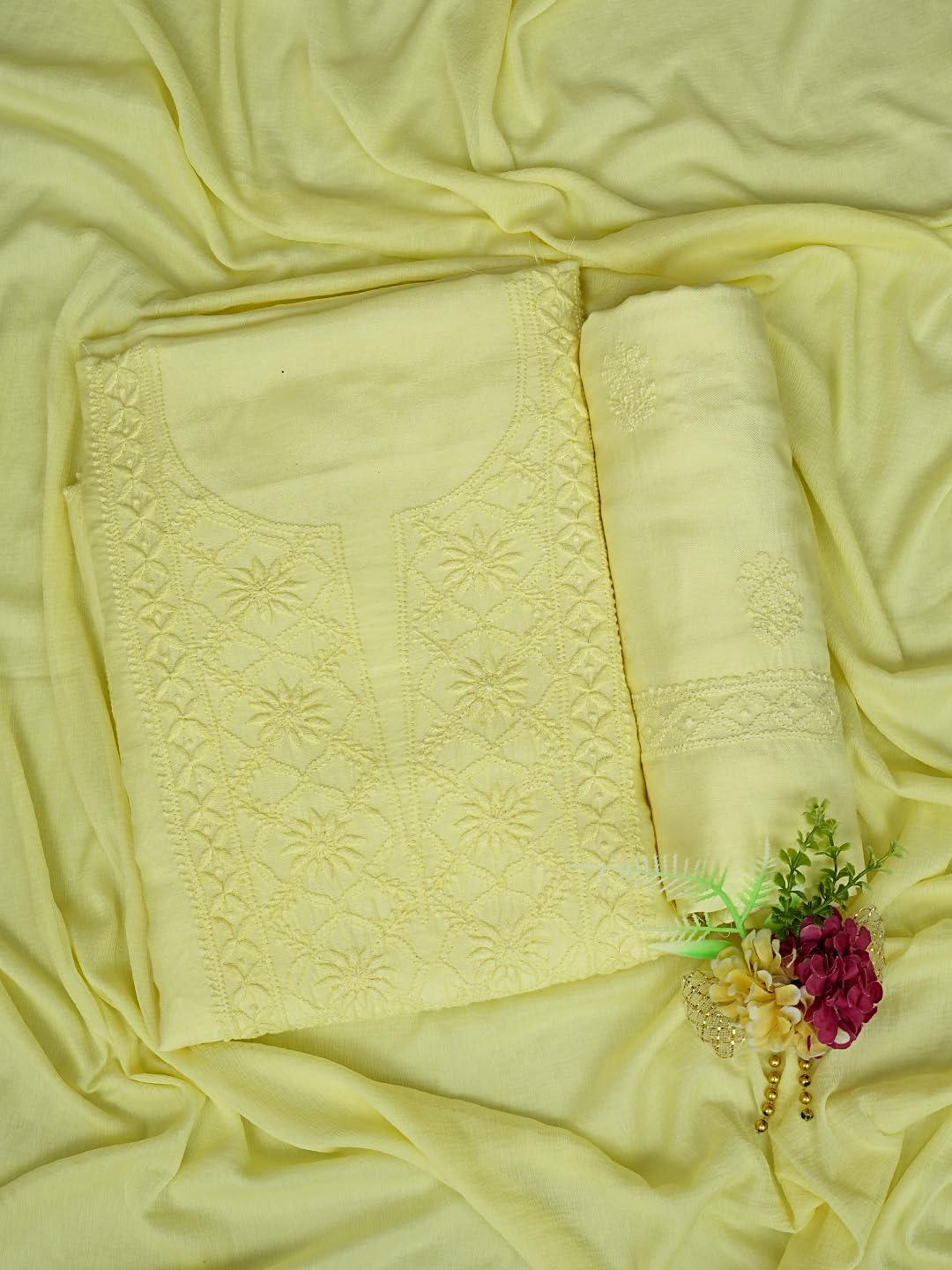 Ada Hand Embroidered Lucknowi Chikankari Unstitched Muslin Dress Material Suit Piece with Dupatta for Women 01A773428 Lemon
