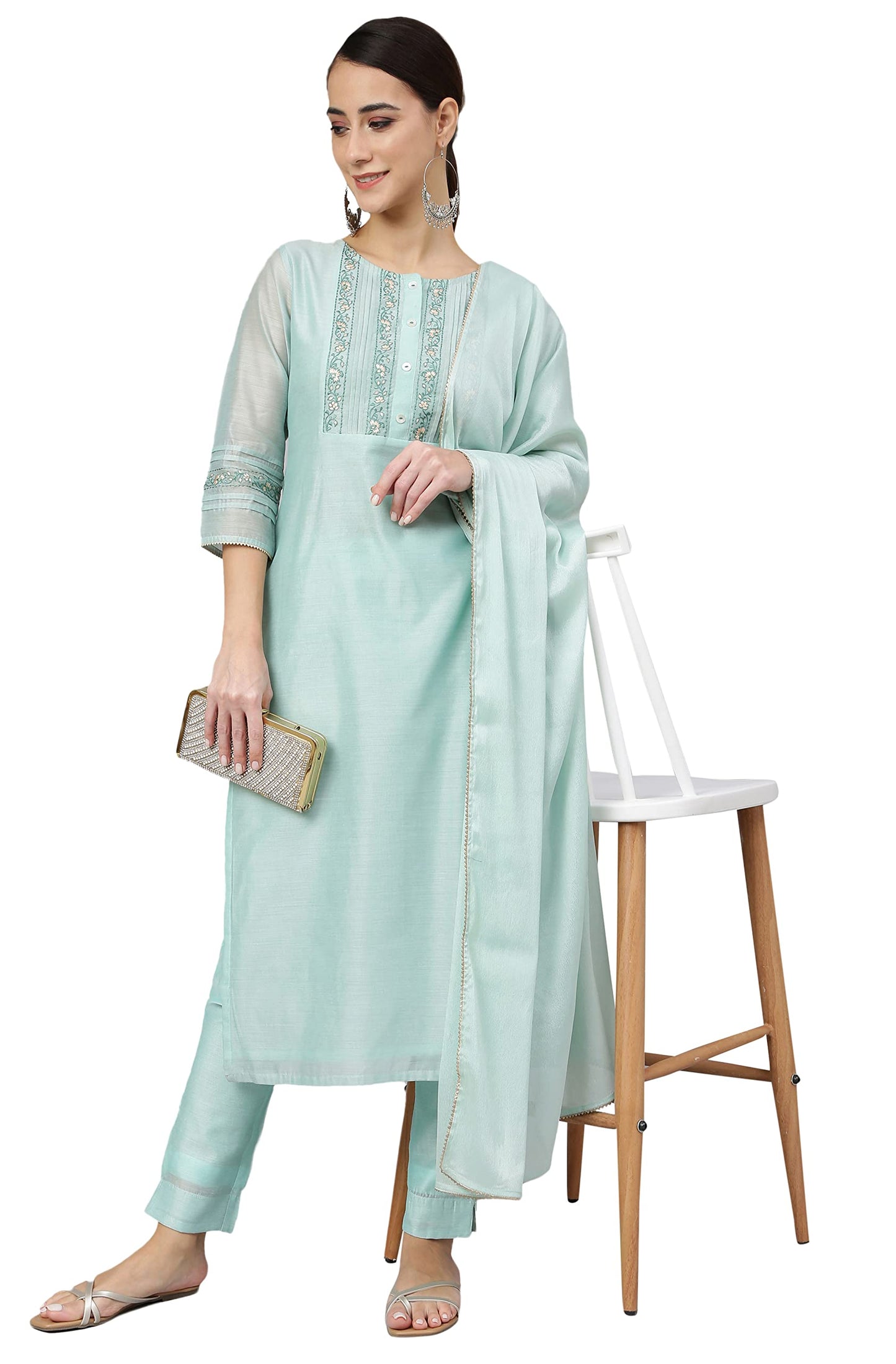 Janasya Women's Sea Blue Chanderi Silk Solid Kurta with Pant and Dupatta (SET561-KR-NP-RE-L)