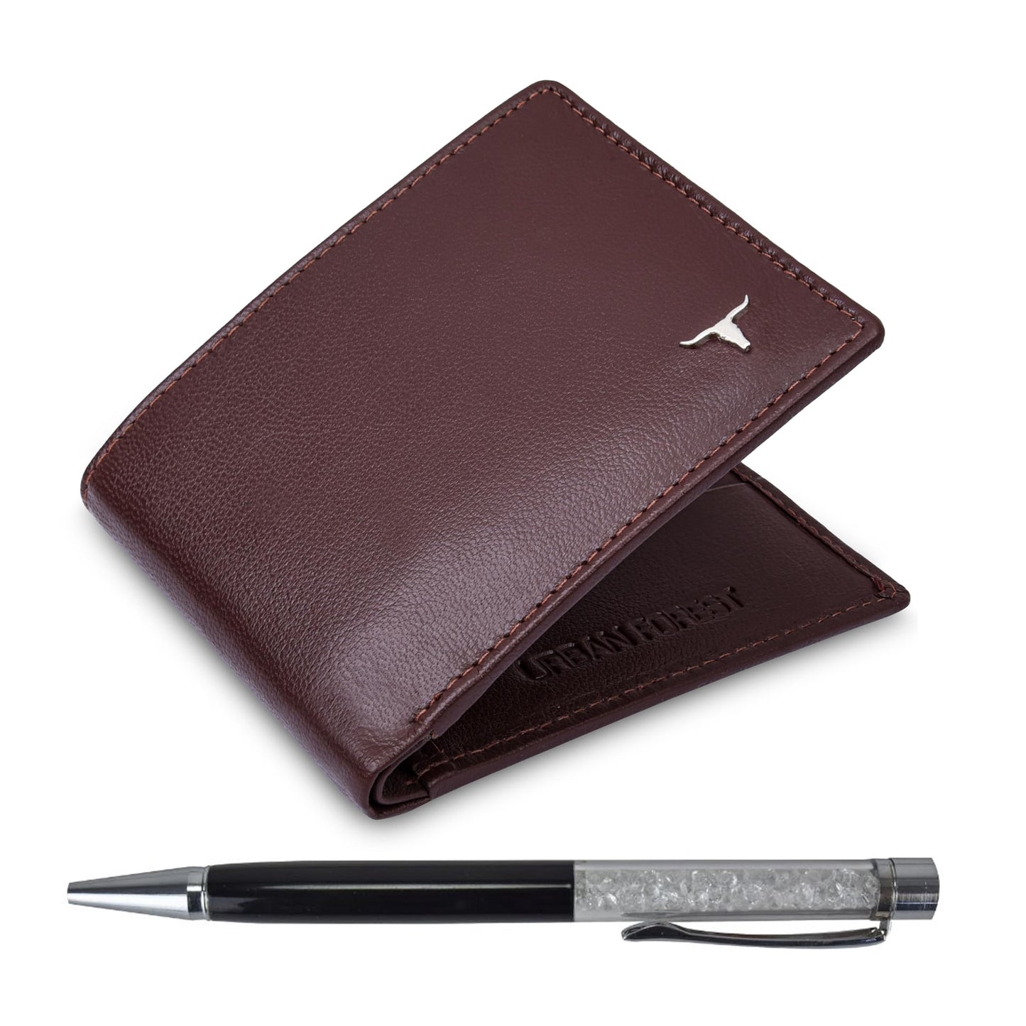 URBAN FOREST Griffin Aniline Brown Leather Wallet & Diamond Pen Combo Gift Set for Men