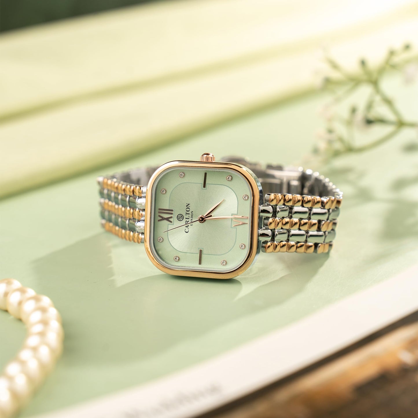 Carlton London Mint Green Dial Watch for Women - Chelsea Series | Stainless Steel Analog | Waterproof Watches for Women, Girls, Ladies | Luxury Square Watch | Fashionable Trendy Quartz Movement Wrist Watch (CLSSCLGRN)