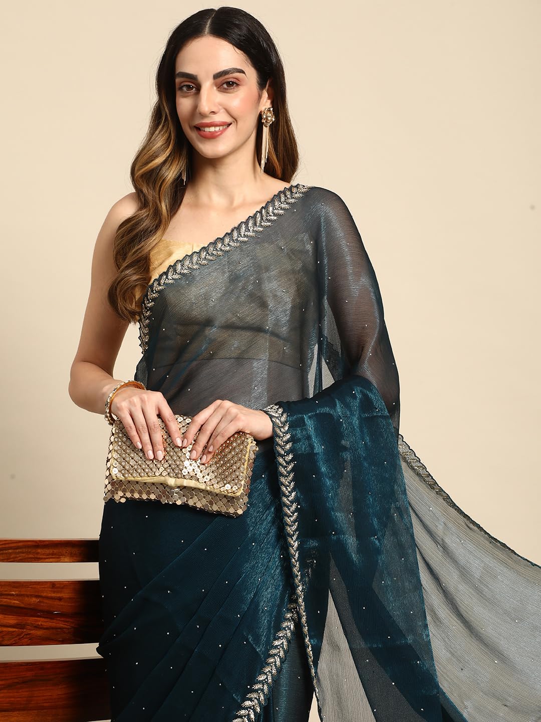 MOHEY Blue Organza Mirror Embroidered Saree for Women