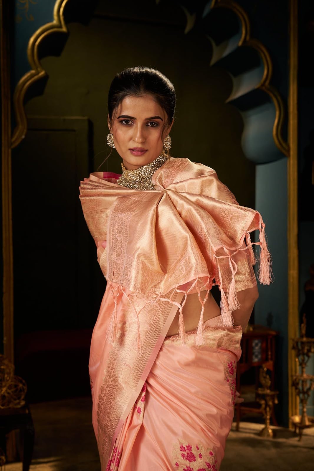 SWORNOF Women's Banarasi silk Saree With Unstitched Blouse Piece (PEACH)