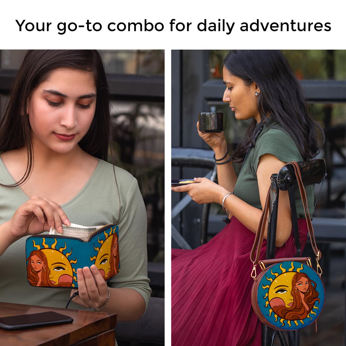 Kalankit Round Sling Bag and Wallet for Girls | Handmade Vegan Leather Gift Combo | Compact, Trendy, Lightweight | Rakhi Gift for Sister | The Child of Sun
