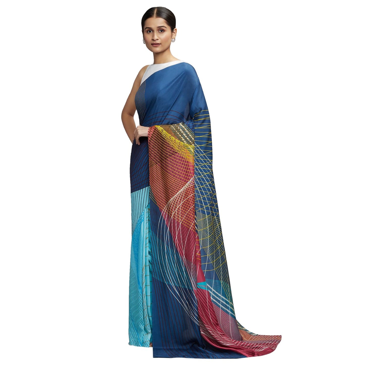 navyasa Dark Blue Liva Organza Geometric Print Saree