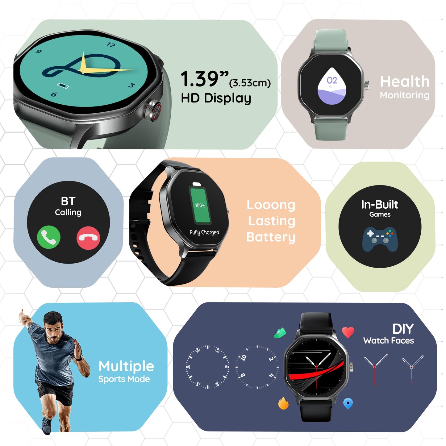 Pebble Hive 1.39" Octa Display Smartwatch | BT Calling | Multi Sports Modes | Sleep Monitoring | Health Suite | Customizable Watch Faces | in-Built Games & World Clock