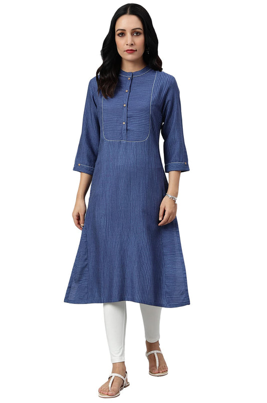 W for Woman Blue Thread Embroidered Rayon Kurta