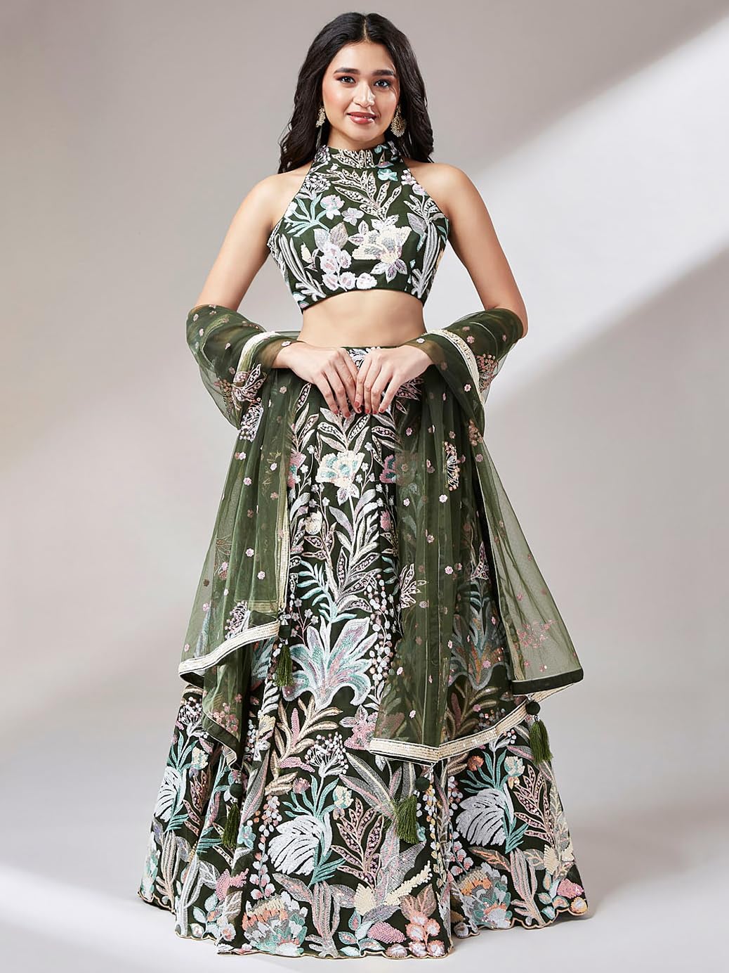 Zeel Clothing Women's Net Sequins Embroidered Soft Net Semi Stitched Lehenga Choli With Dupatta (6032-Green-Wedding-Stylish-Lehenga-Choli-Latest; Free Size)