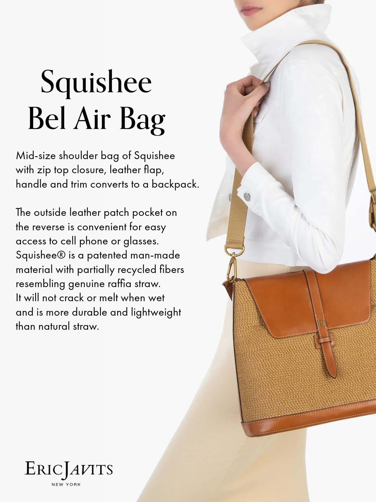 Eric Javits Squishee Bel Air Straw Bag - Convertible Crossbody Beach Purse, Straw Handbag & Backpack - Squishee Straw Purse with Zip Top Closure - Durable Straw Beach Bags for Women (Natural), Natural