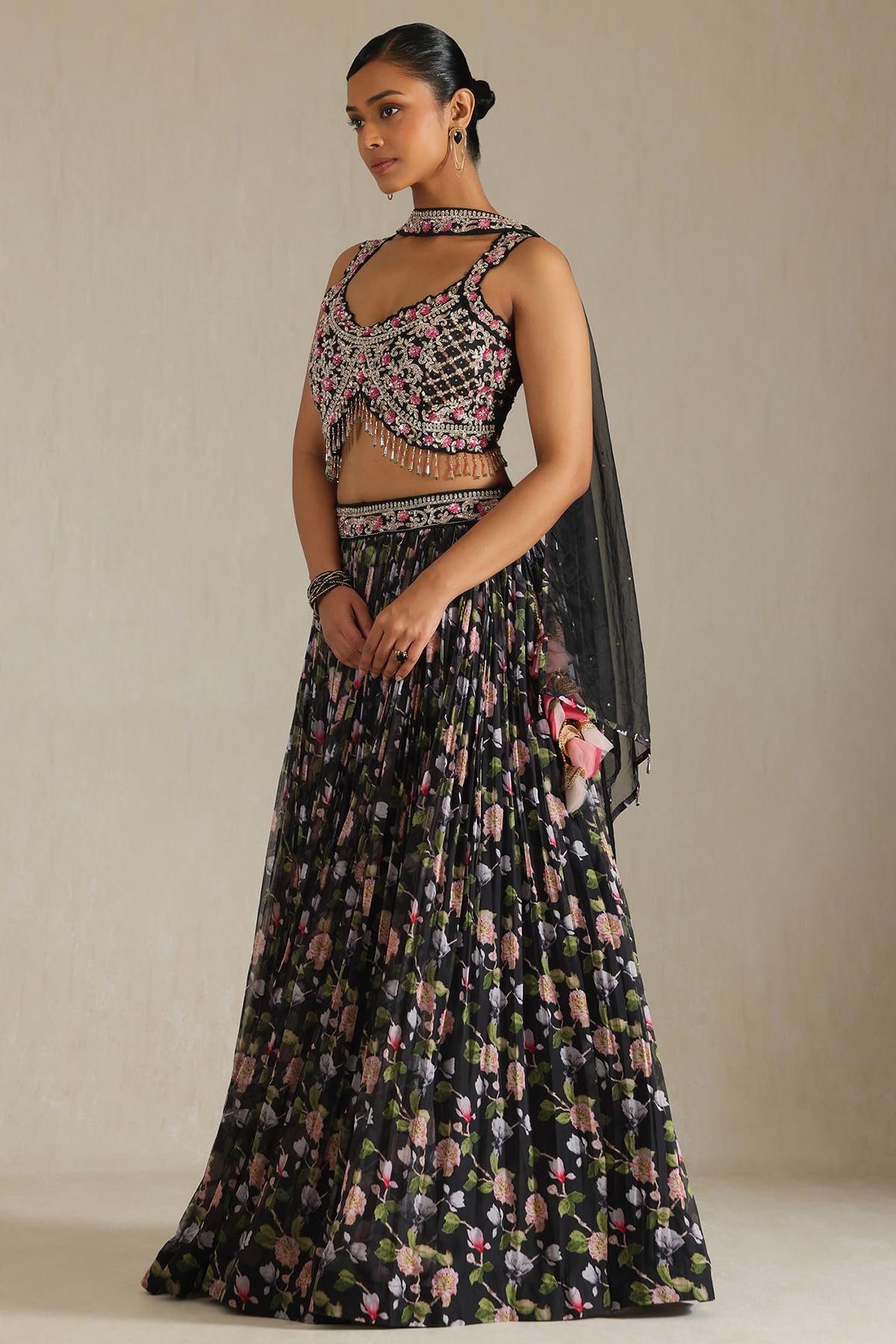 Soch Womens Black Dupion Silk Lehenga Choli With Stones And Sequins