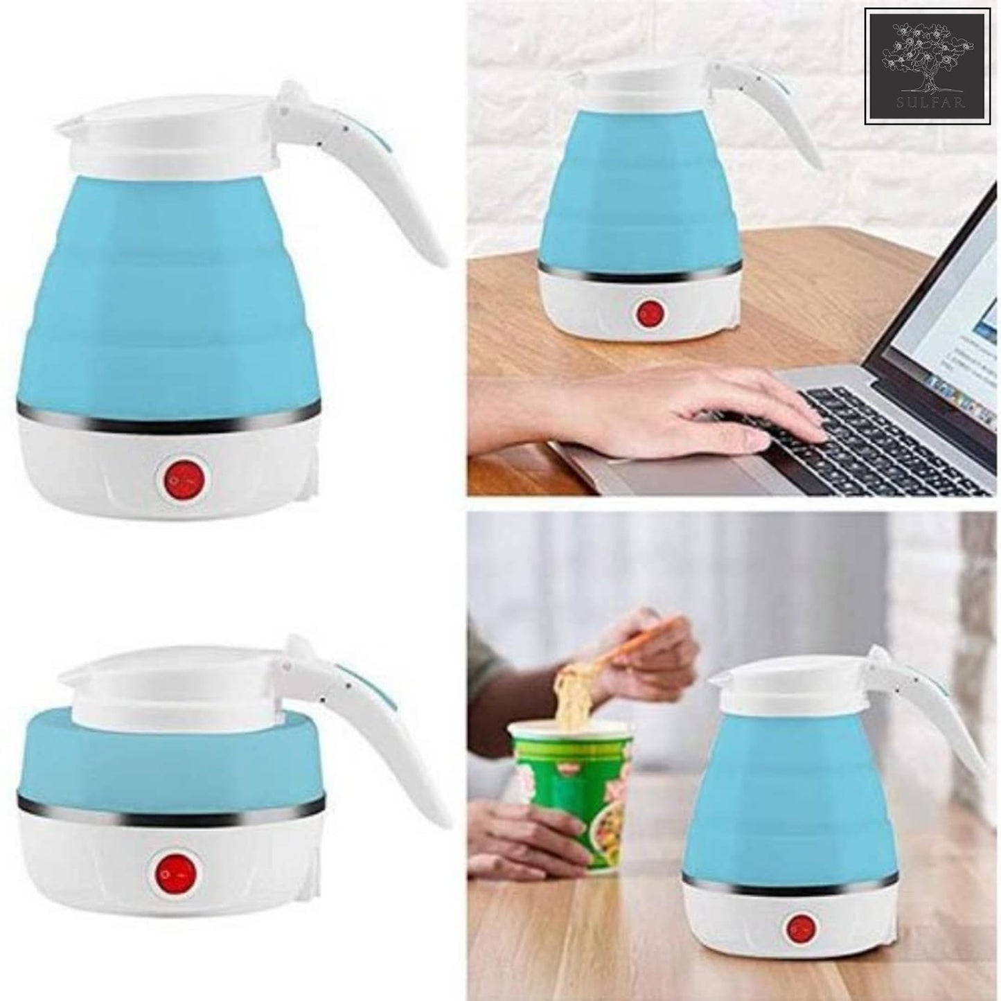 Sulfar Travel Foldable Fast Boiling Portable Electric Kettle - Silicone Food Grade Boil Dry Protection 220V -600ML for Most Travel and Home & Office Use (Blue/White/Pink)