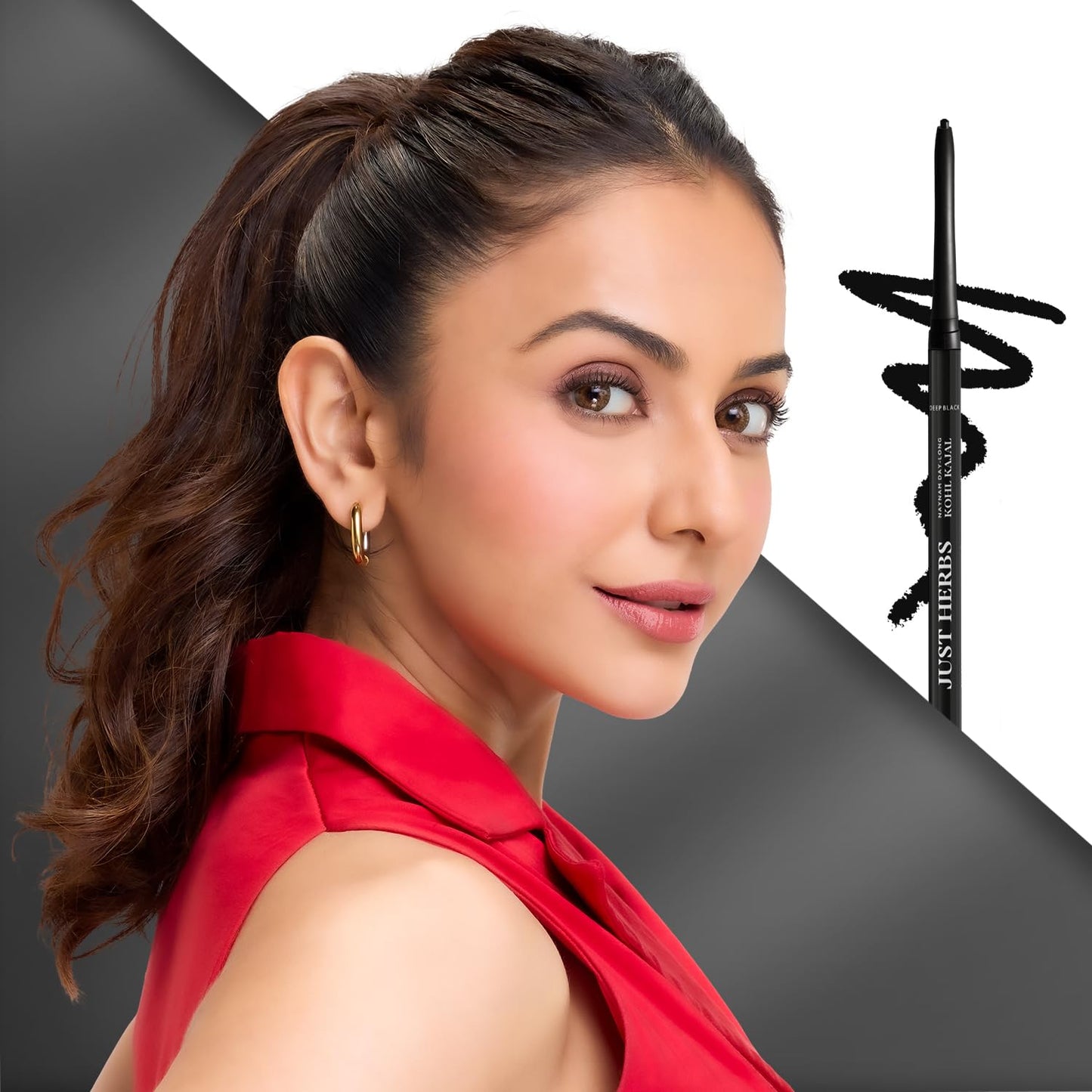 Just Herbs Retractable 2 in 1 Herbal Eyeliner + Kajal with Almond Oil & Vitamin E, 11 Hour Stay, Singlestroke, Smudgeproof & Fadeproof - Black 0.3g