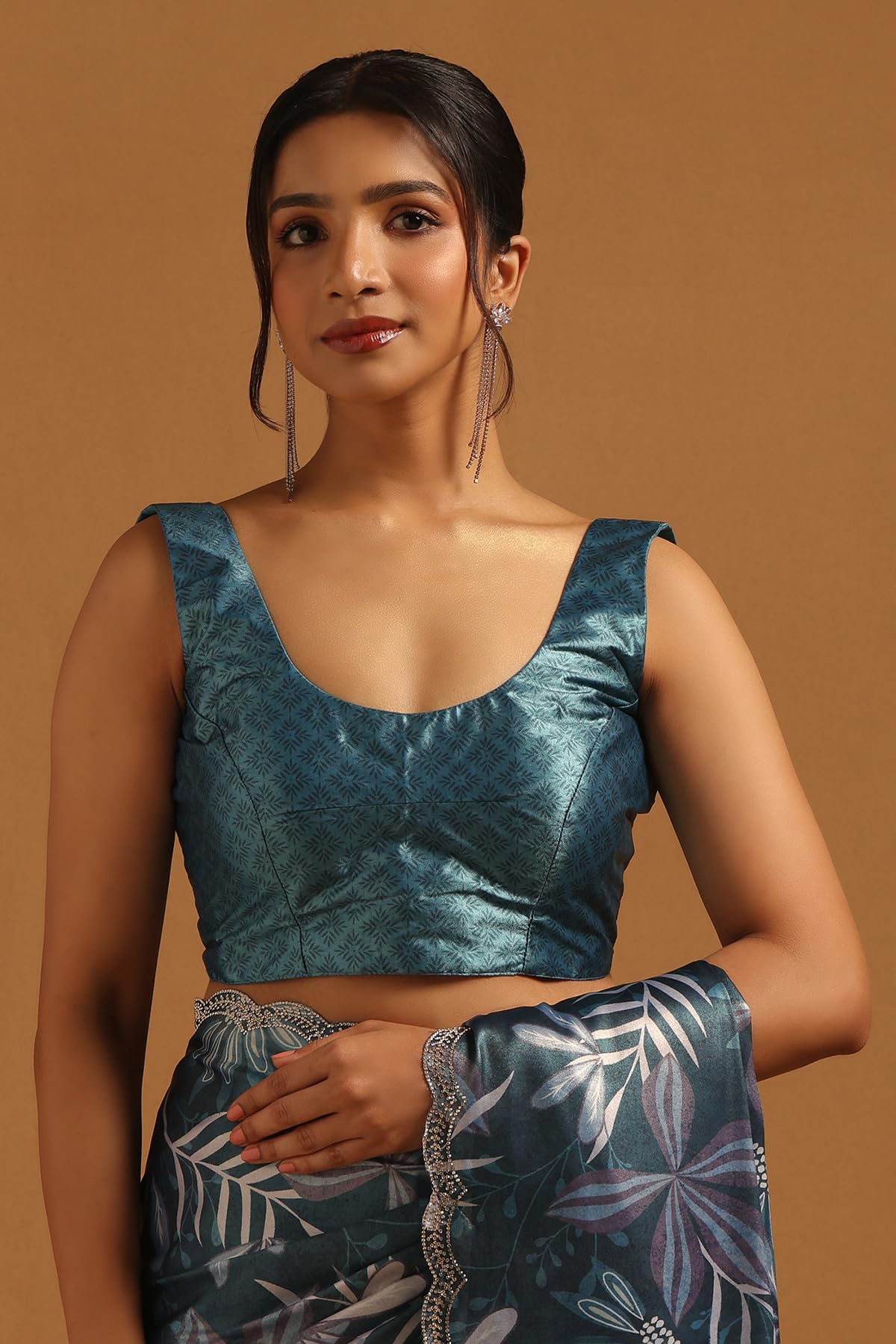 Soch Womens Blue Satin Botanical Saree With Stone Work