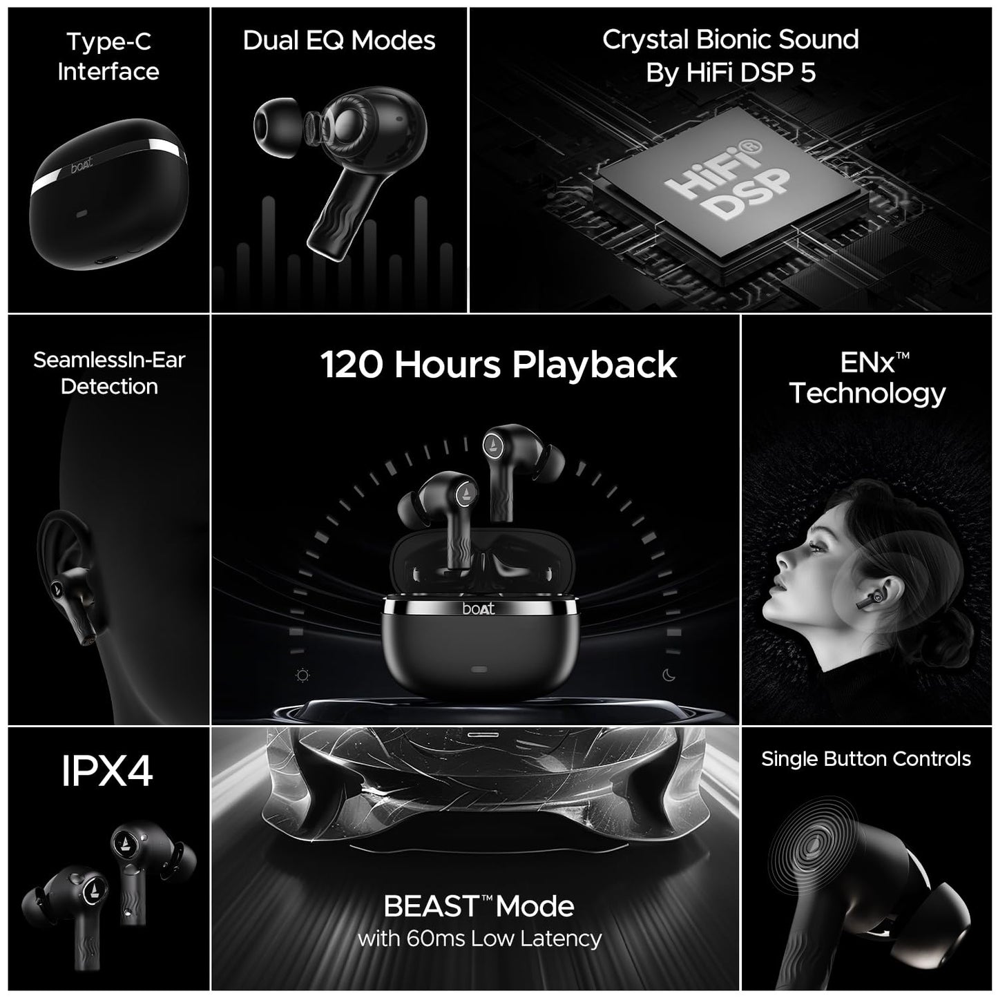 boAt Nirvana Ion, 120HRS Battery, Crystal Bionic Sound w/Dual EQ Modes, 4Mics ENx, App Support, Low Latency, IPX4, v.5.2 Bluetooth Earbuds, TWS Ear Buds Wireless Earphones with mic (Charcoal Black)