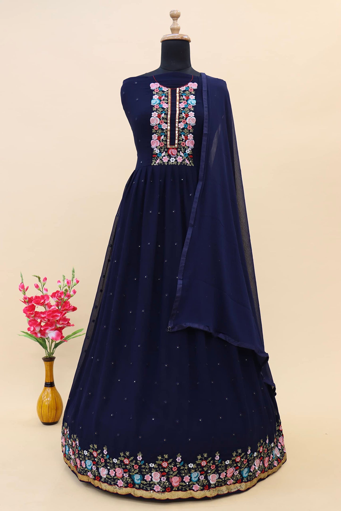 RUDRAPRAYAG Anarkali Georgette and Santoon Gown for Women | Semi Stitched Long Anarkali Gown for Women 2024 Navy Blue