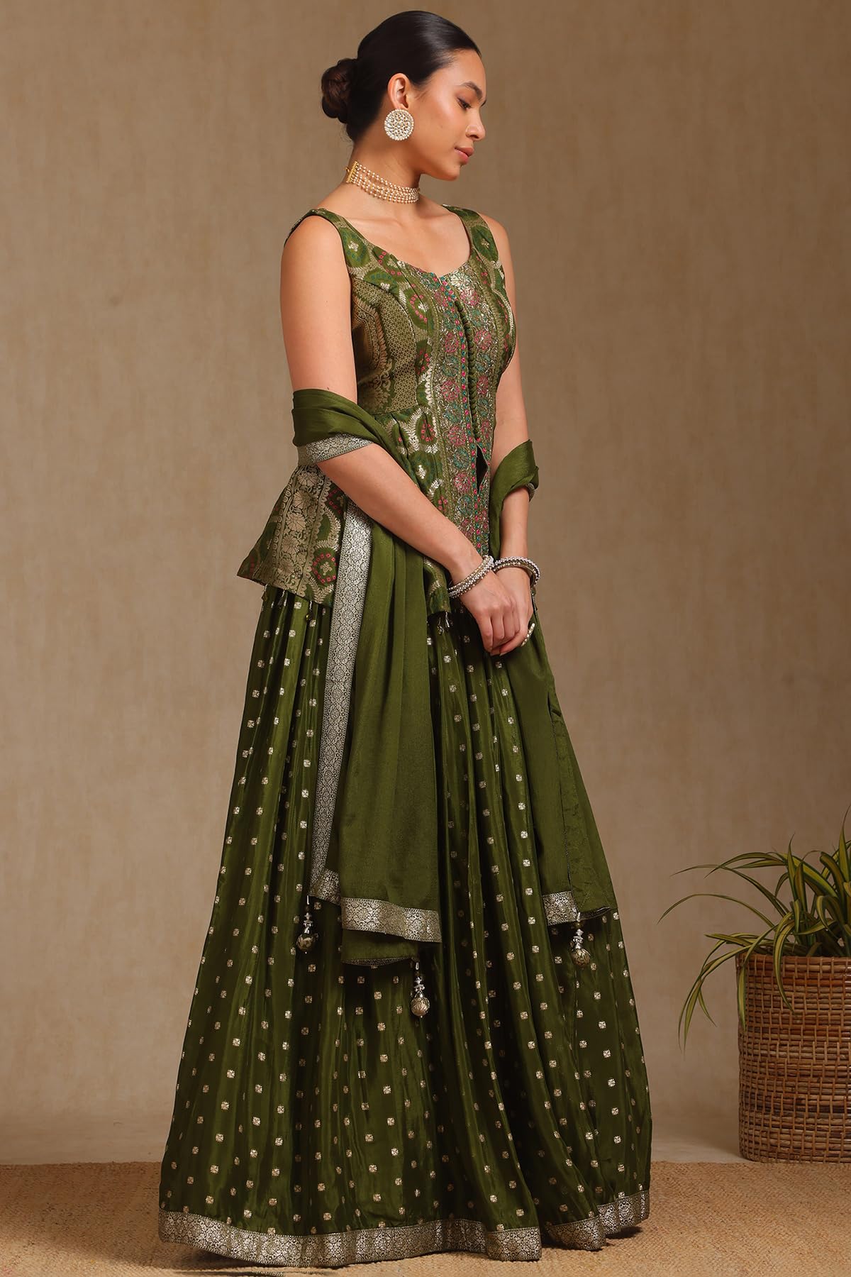 Soch Women's Brocade Lehenga Choli (OWS5CD21745_Dark Green_XL)