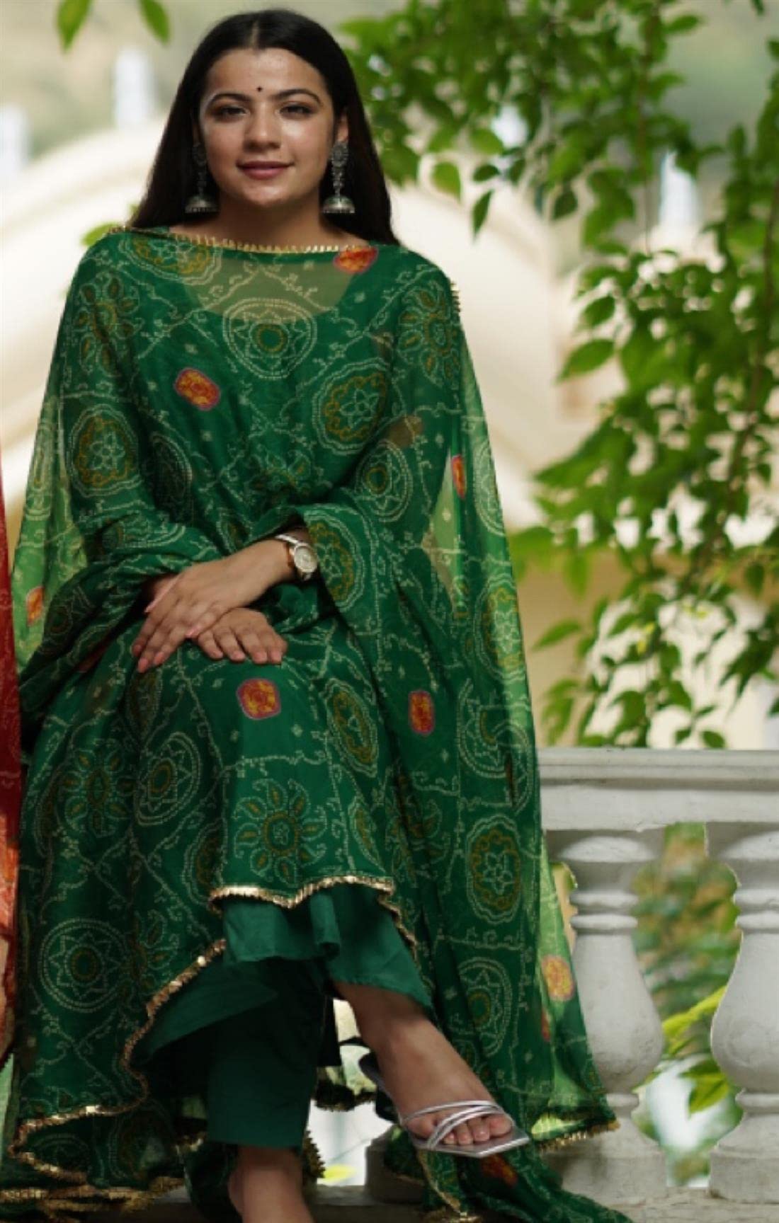 GoSriKi Women's Georgette Bandhani Printed Anarkali Kurta and Pant with Dupatta Set (Preeti Green_L-GS_Green_Large)