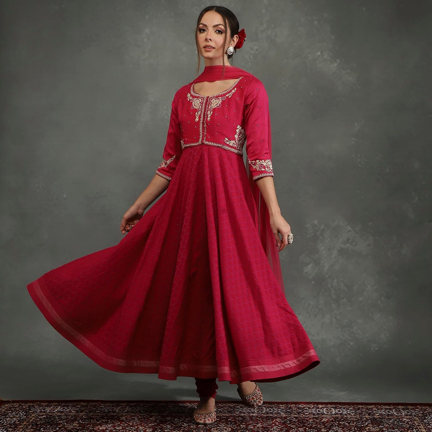 BIBA Women's Silk Chanderi Kurta Sets (CKD10745AW24FUS_Pink