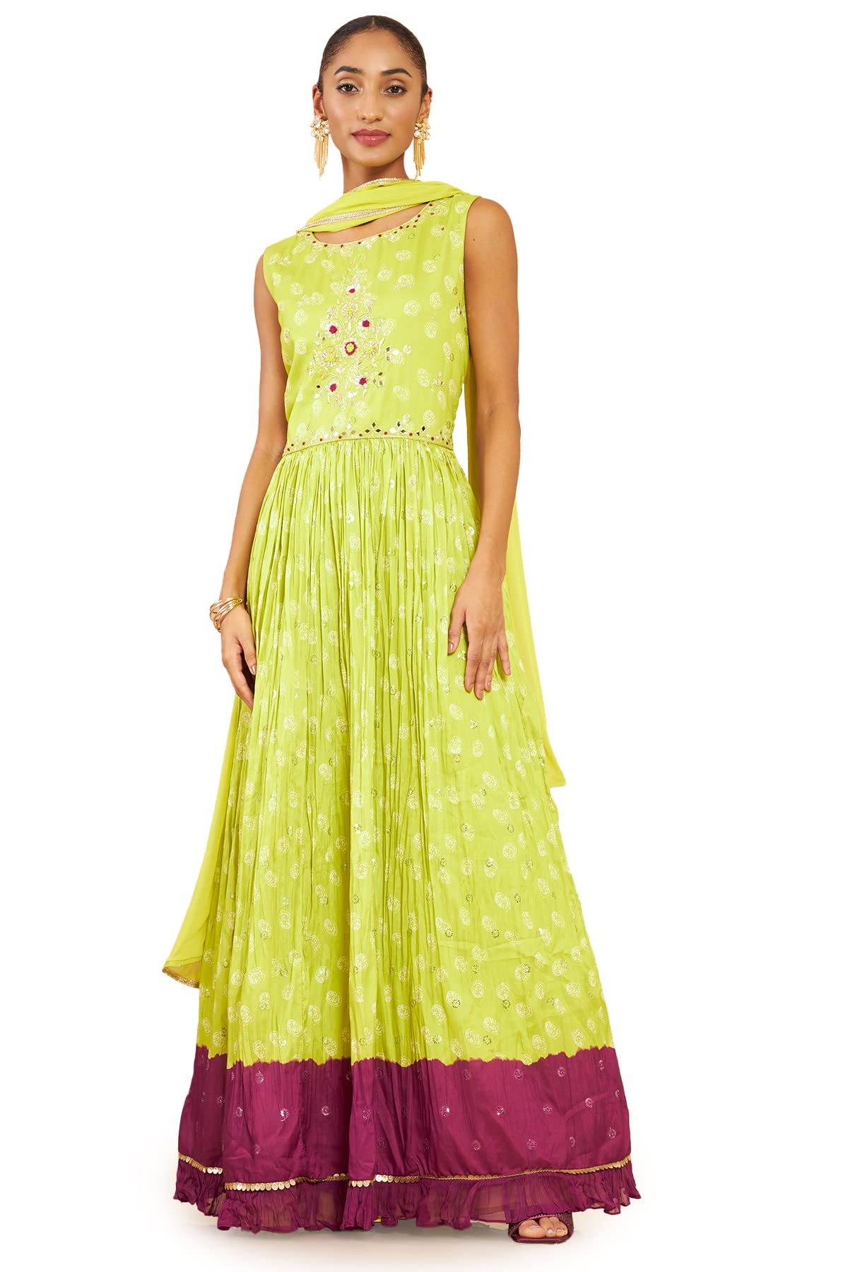 Soch Women Green Art Silk Abstract Print Gown