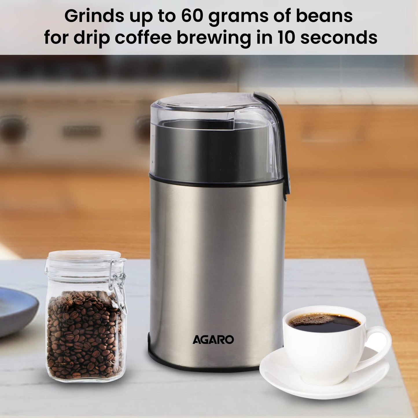 AGARO Grand Electric Coffee Grinder, Stainless Steel Blades, Grinds up to 60 Grams Dry Coffee Beans, Portable, Silver