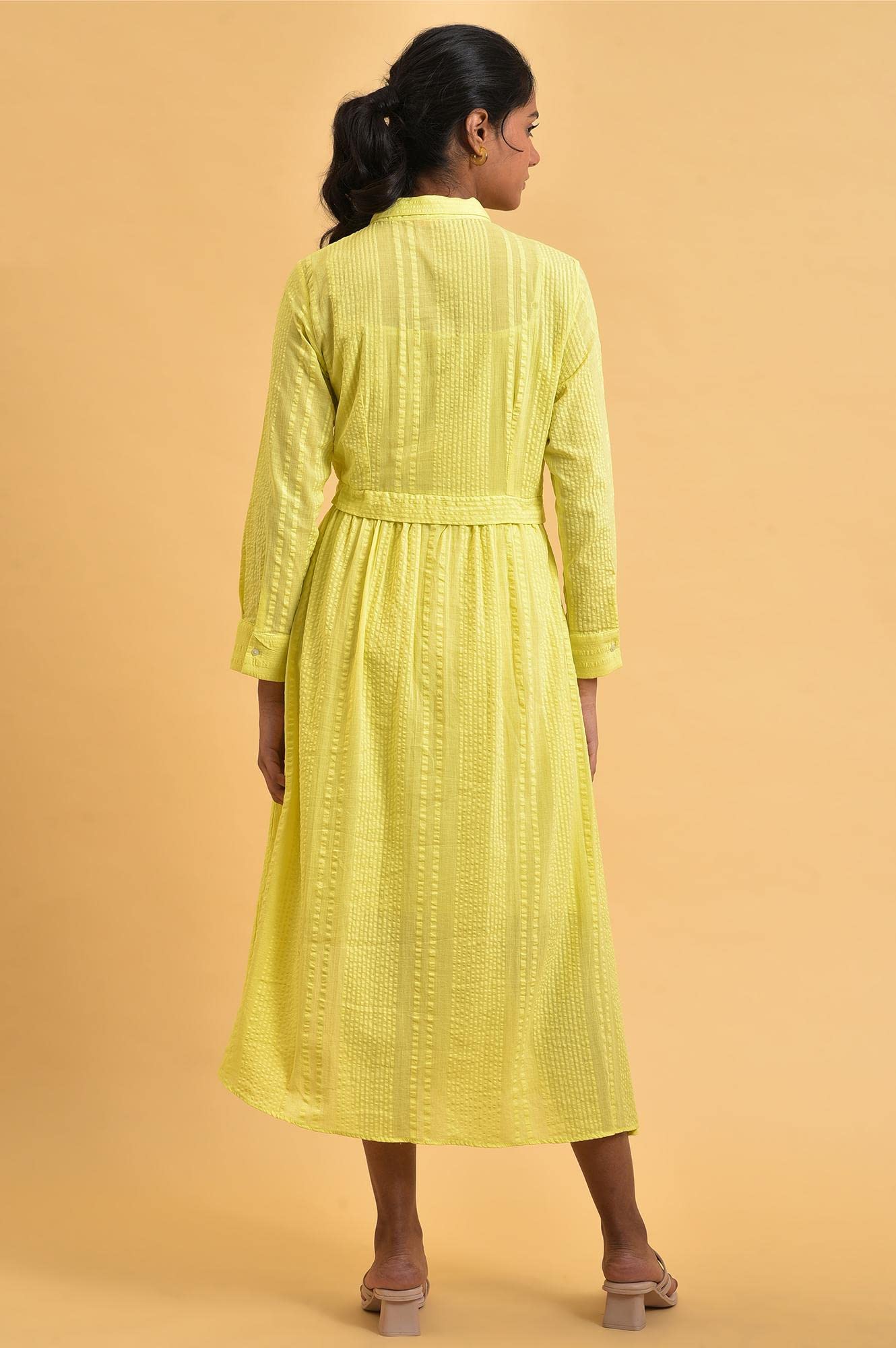 W for Woman Women's Cotton Green Gathered Shirt Collar Dress Calf Length (23FEW18705-312376_Celery 12)