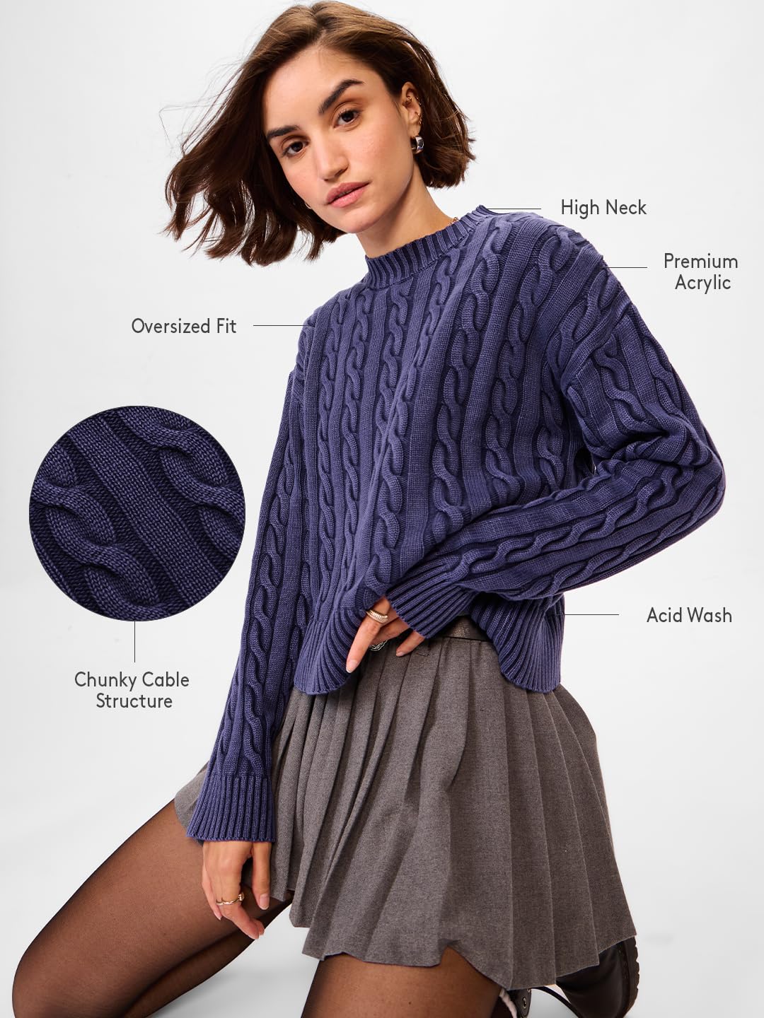 The Souled Store Solids: Grey Blue Women Oversized Sweater