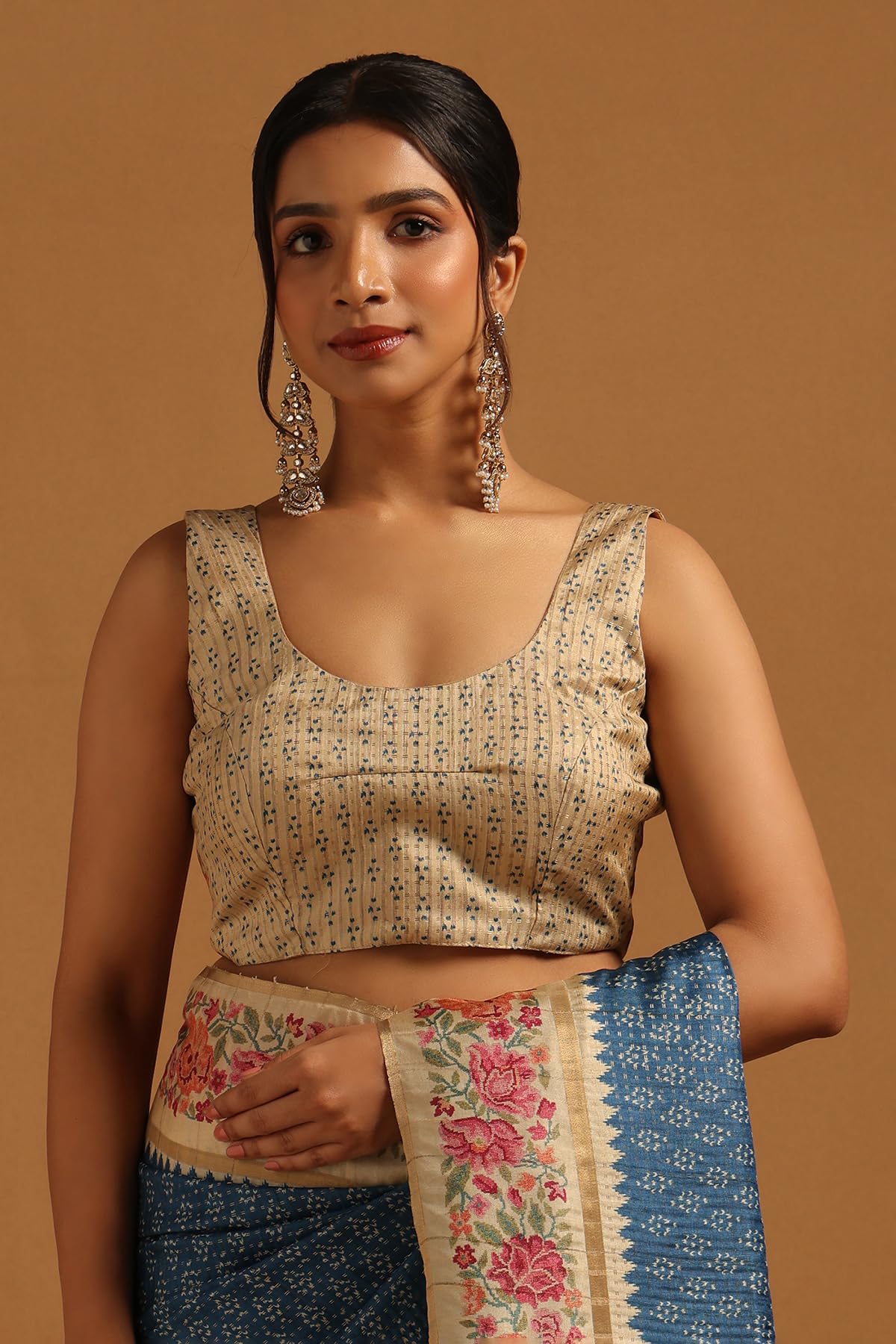 Soch Womens Blue Tussar Floral Saree With Zari Woven